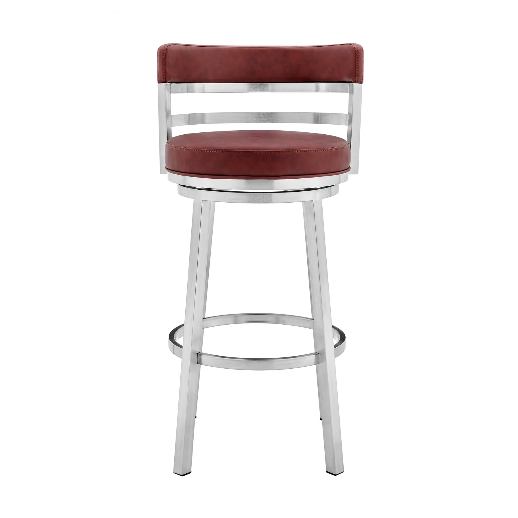 Madrid 26" Counter Height Swivel Red Faux Leather and Brushed Stainless Steel Bar Stool - Image 2