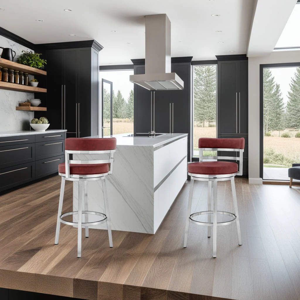 Madrid 26" Counter Height Swivel Red Faux Leather and Brushed Stainless Steel Bar Stool - Image 7