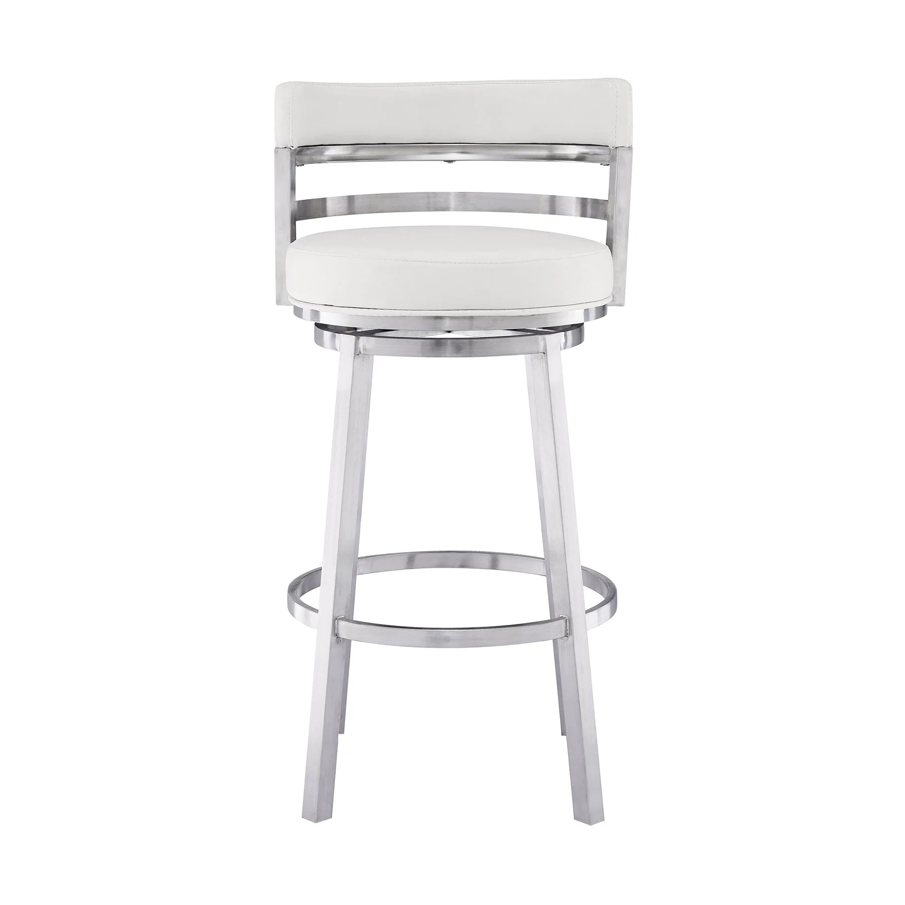 Madrid 26" Counter Height Swivel White Faux Leather and Brushed Stainless Steel Bar Stool - Image 2
