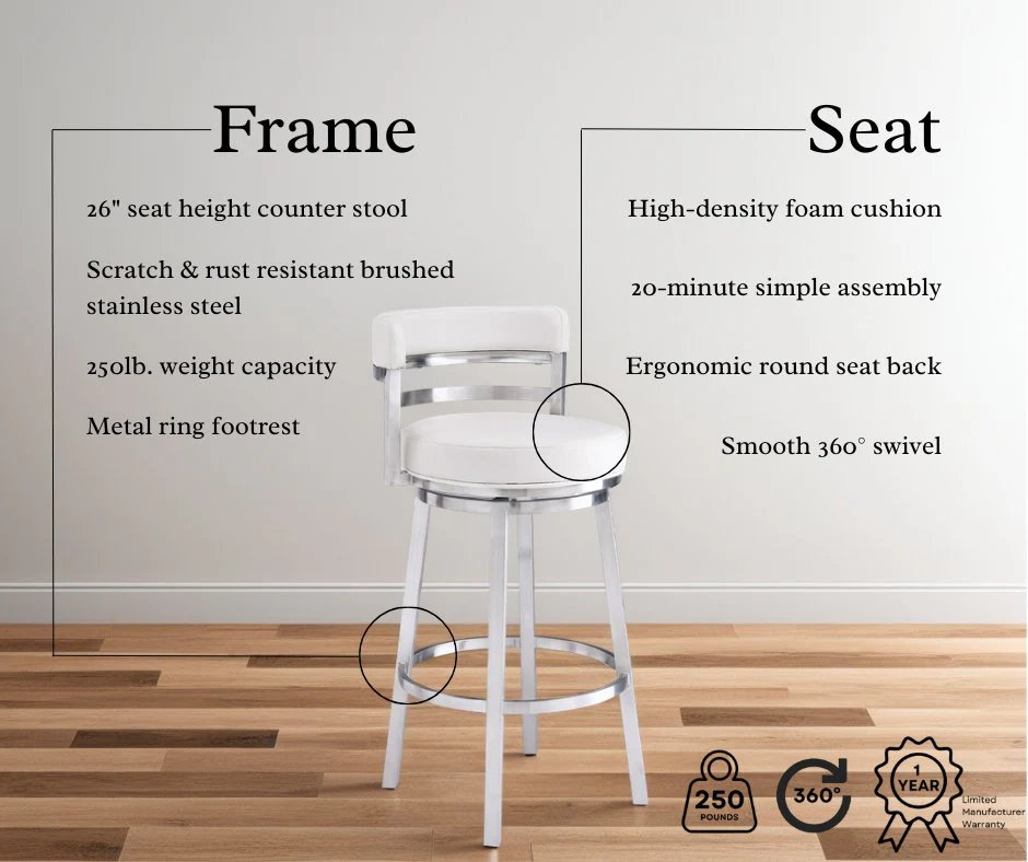 Madrid 26" Counter Height Swivel White Faux Leather and Brushed Stainless Steel Bar Stool - Image 9