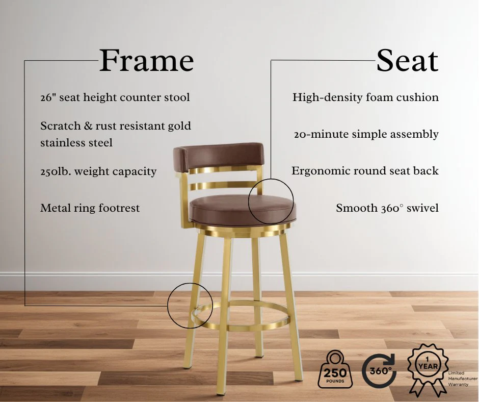 Madrid 26" Swivel Counter Stool in Gold Brushed Stainless Steel with Vintage Coffee Faux Leather - Image 11