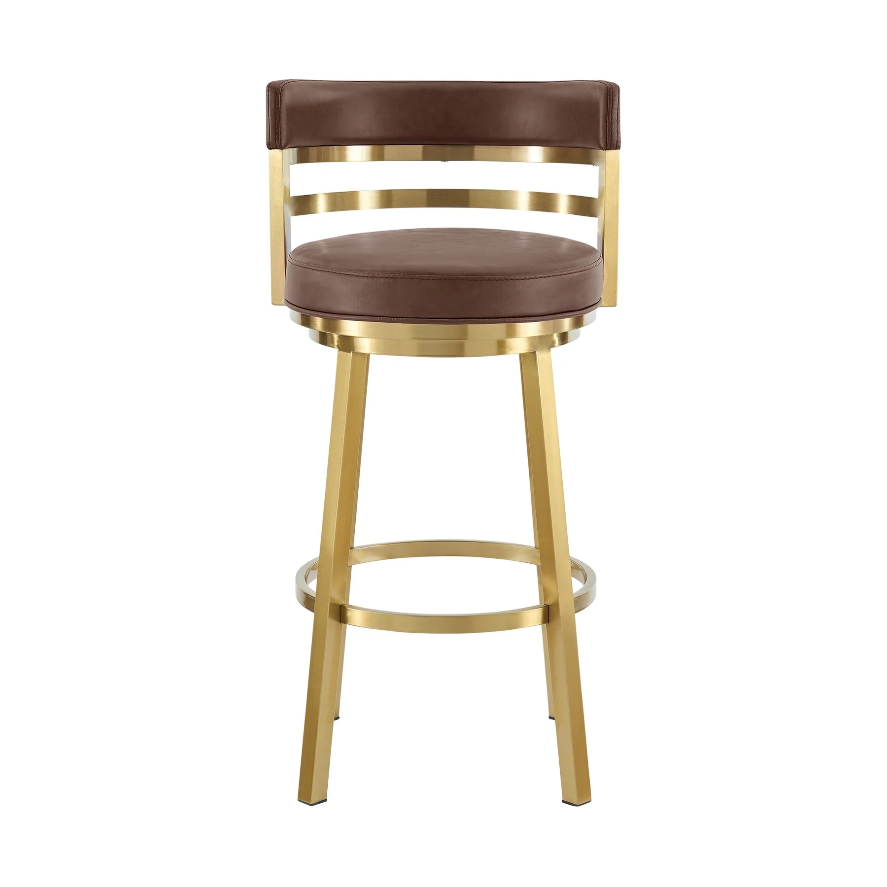Madrid 26" Swivel Counter Stool in Gold Brushed Stainless Steel with Vintage Coffee Faux Leather - Image 2