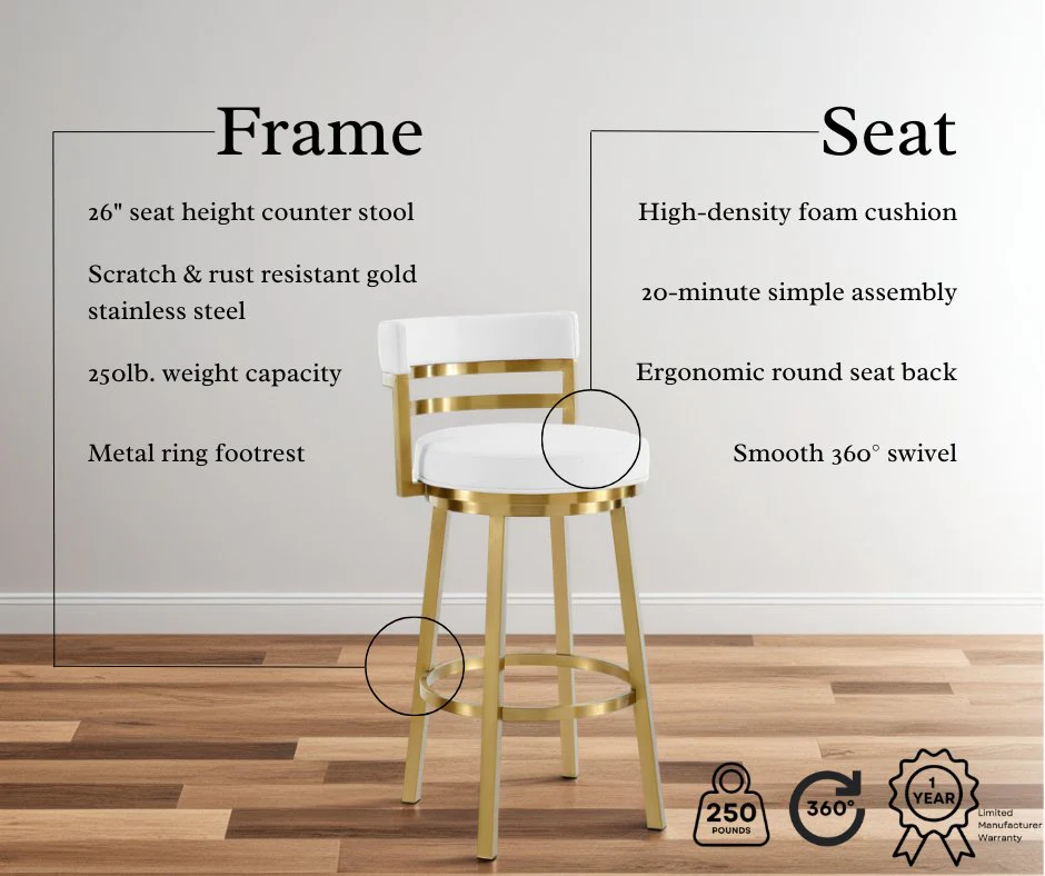 Madrid 26" Swivel Counter Stool in Gold Brushed Stainless Steel with White Faux Leather - Image 11