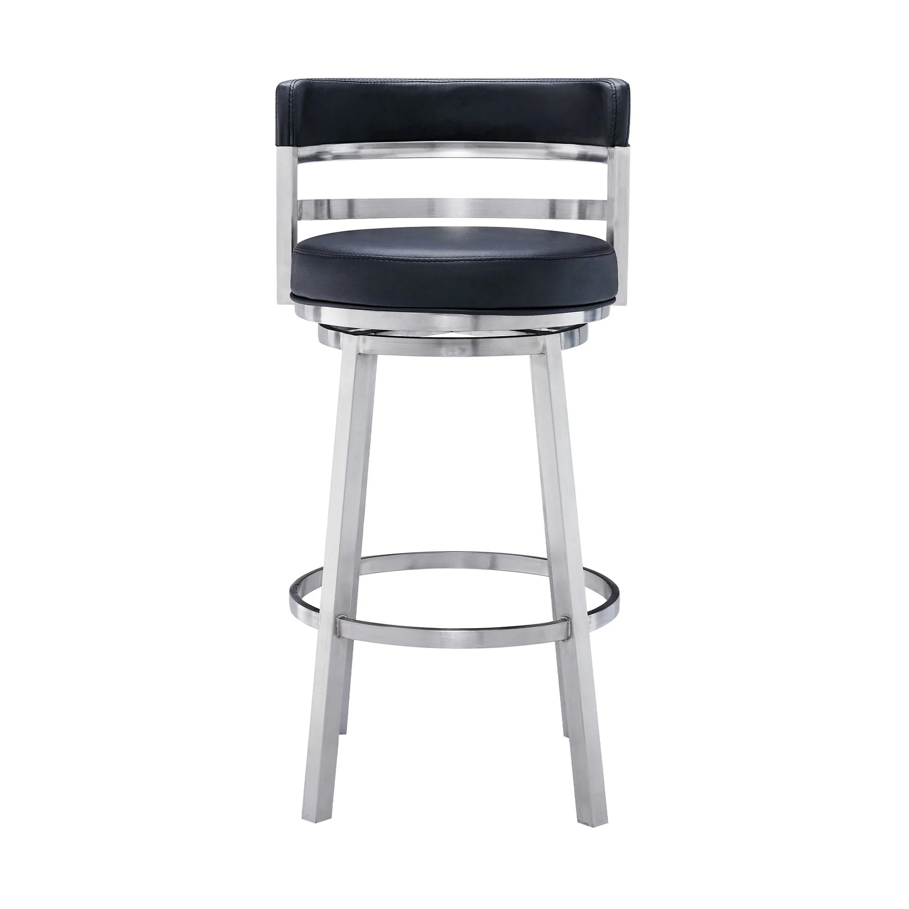Madrid 30" Bar Height Swivel Black Faux Leather and Brushed Stainless Steel Bar Stool - Image 2