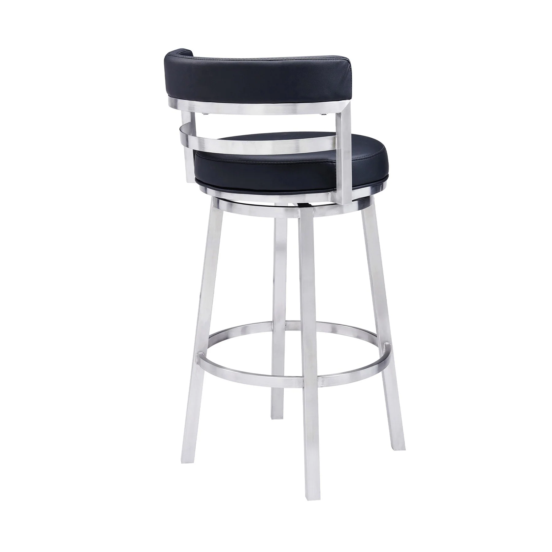 Madrid 30" Bar Height Swivel Black Faux Leather and Brushed Stainless Steel Bar Stool - Image 3