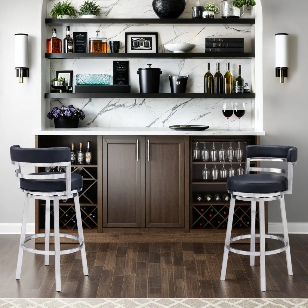 Madrid 30" Bar Height Swivel Black Faux Leather and Brushed Stainless Steel Bar Stool - Image 7