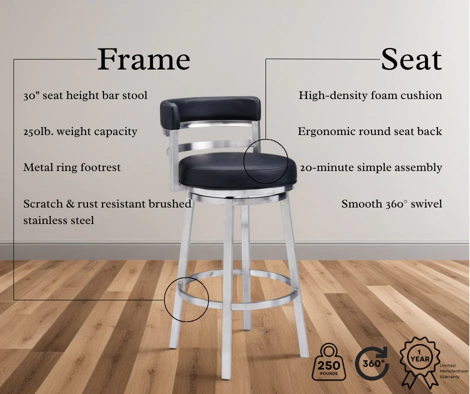 Madrid 30" Bar Height Swivel Black Faux Leather and Brushed Stainless Steel Bar Stool - Image 8