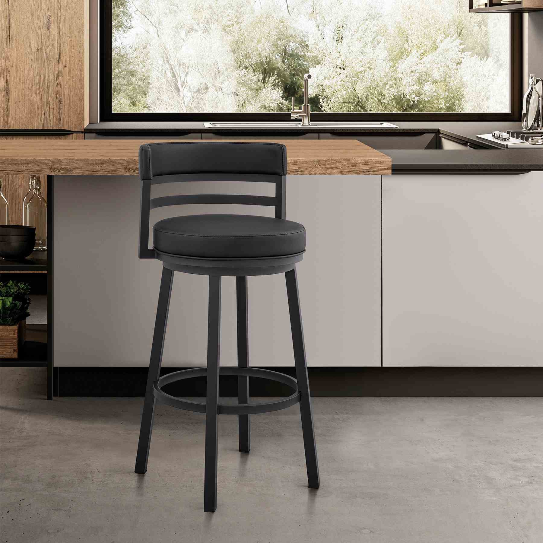 Madrid 30" Bar Height Swivel Black Faux Leather and Metal Bar Stool - Image 12