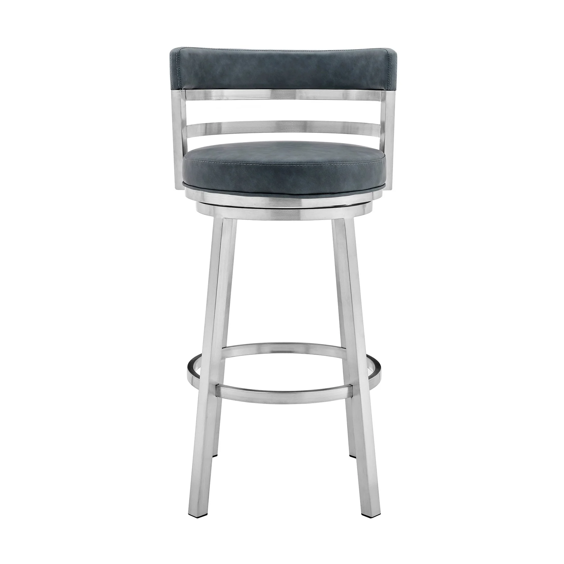 Madrid 30" Bar Height Swivel Blue Faux Leather and Brushed Stainless Steel Bar Stool - Image 2