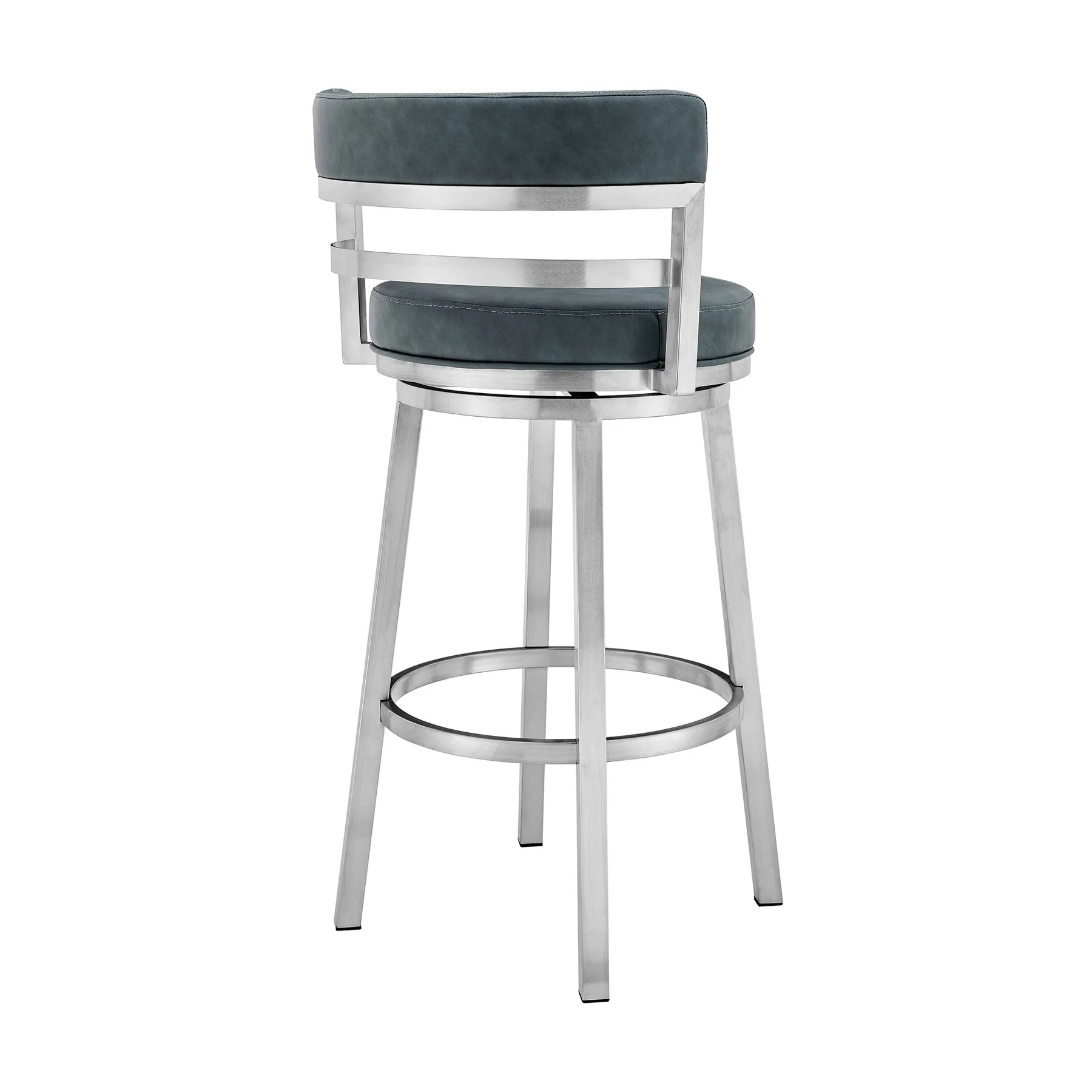Madrid 30" Bar Height Swivel Blue Faux Leather and Brushed Stainless Steel Bar Stool - Image 3