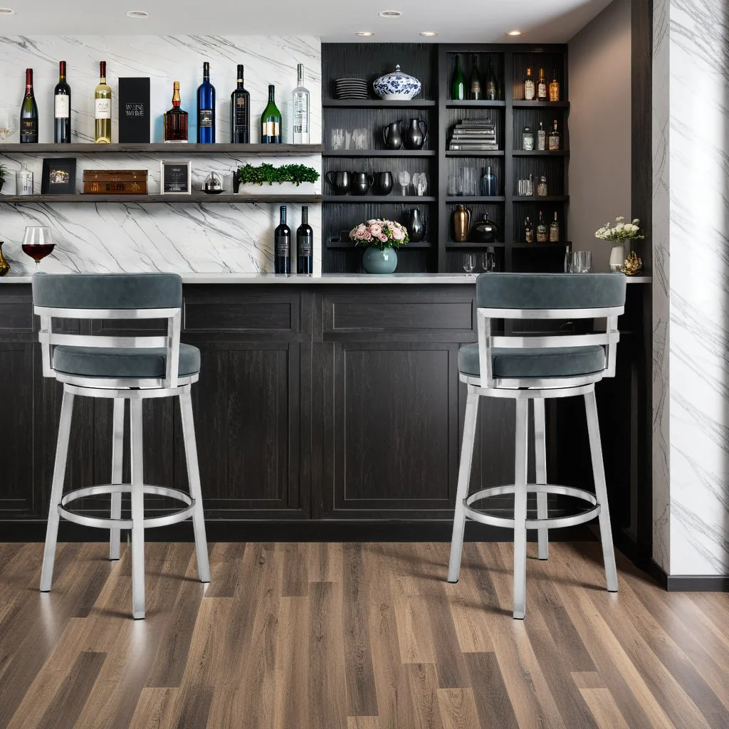 Madrid 30" Bar Height Swivel Blue Faux Leather and Brushed Stainless Steel Bar Stool - Image 7