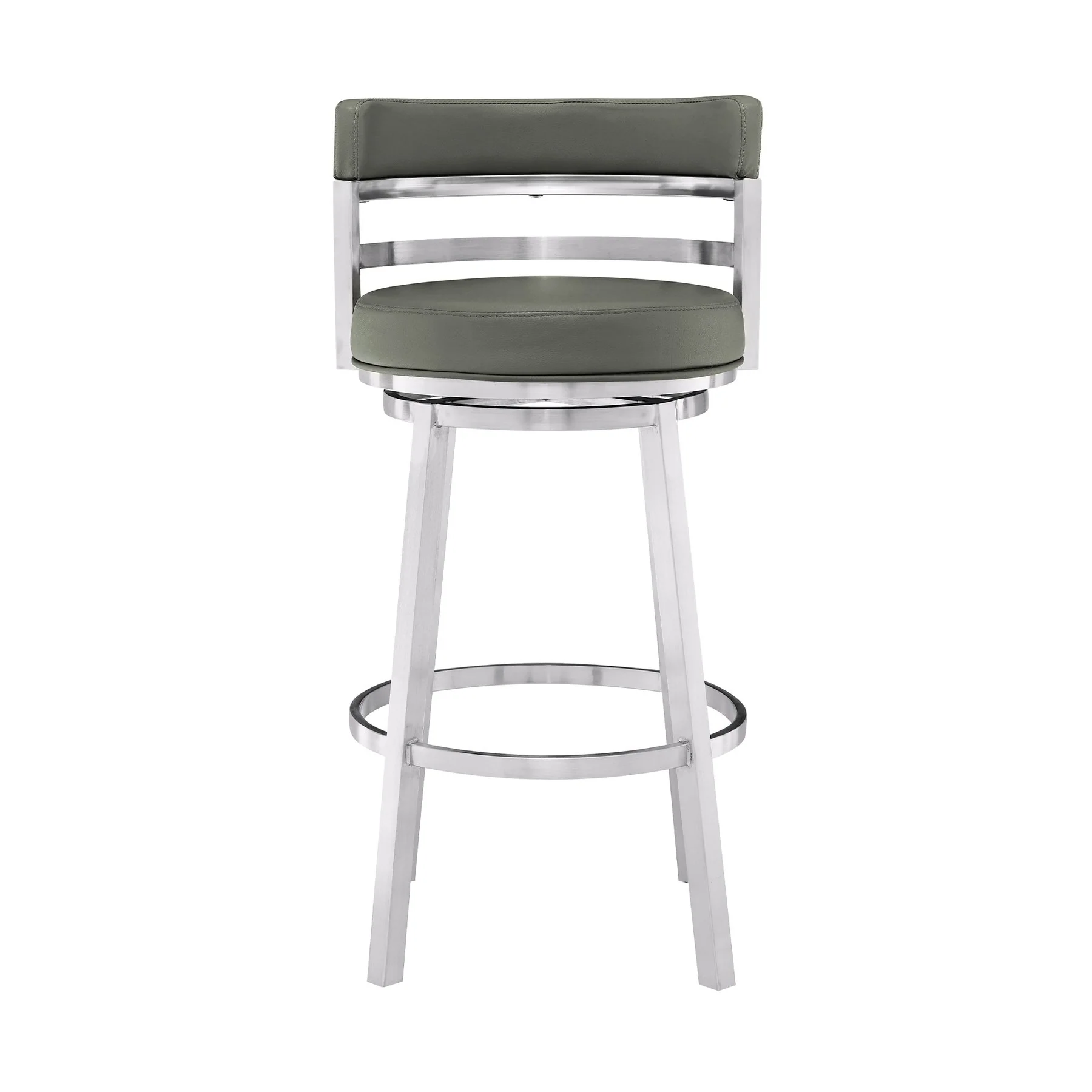 Madrid 30" Bar Height Swivel Gray Faux Leather and Brushed Stainless Steel Bar Stool - Image 2
