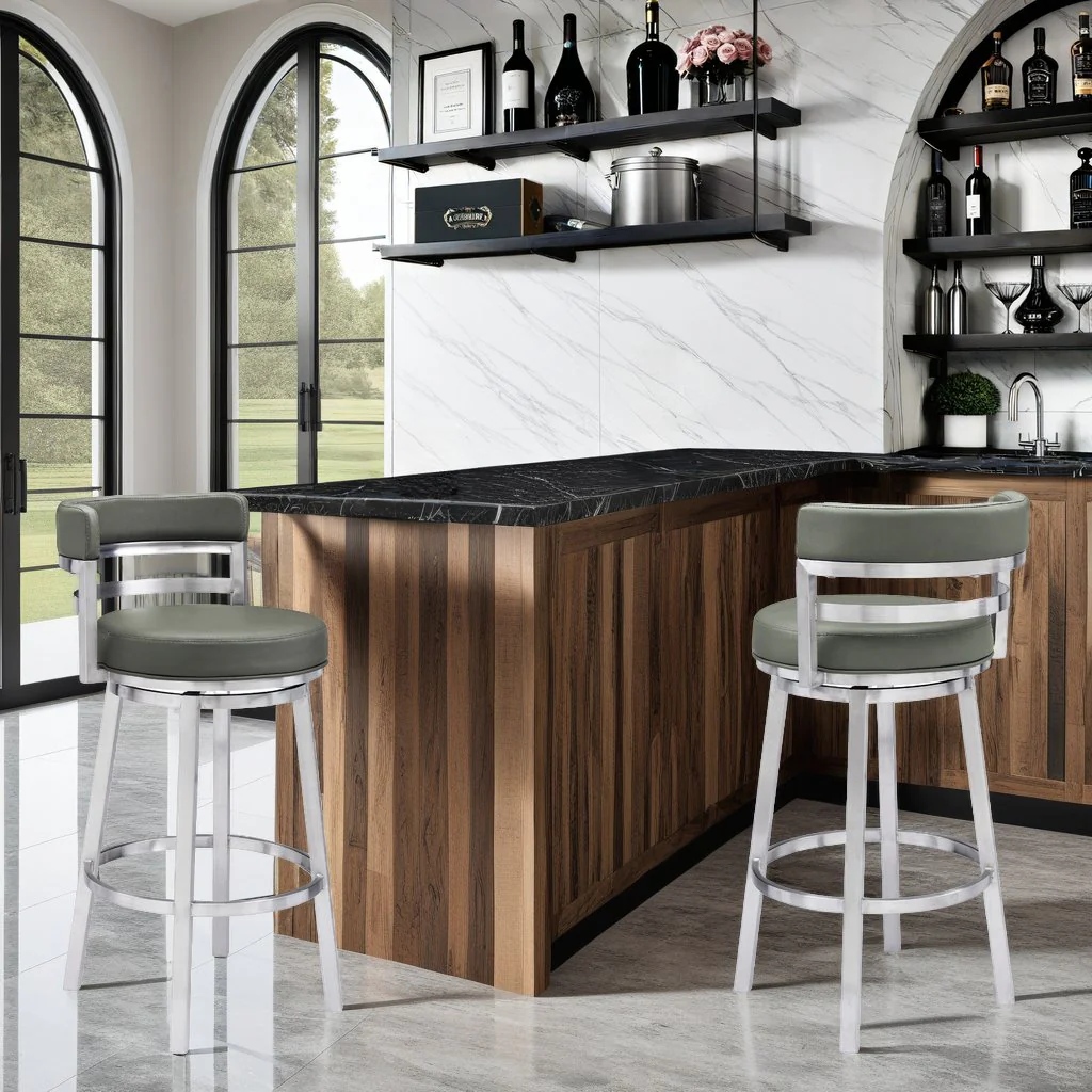 Madrid 30" Bar Height Swivel Gray Faux Leather and Brushed Stainless Steel Bar Stool - Image 7