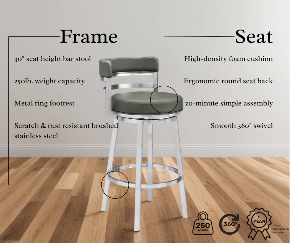 Madrid 30" Bar Height Swivel Gray Faux Leather and Brushed Stainless Steel Bar Stool - Image 8