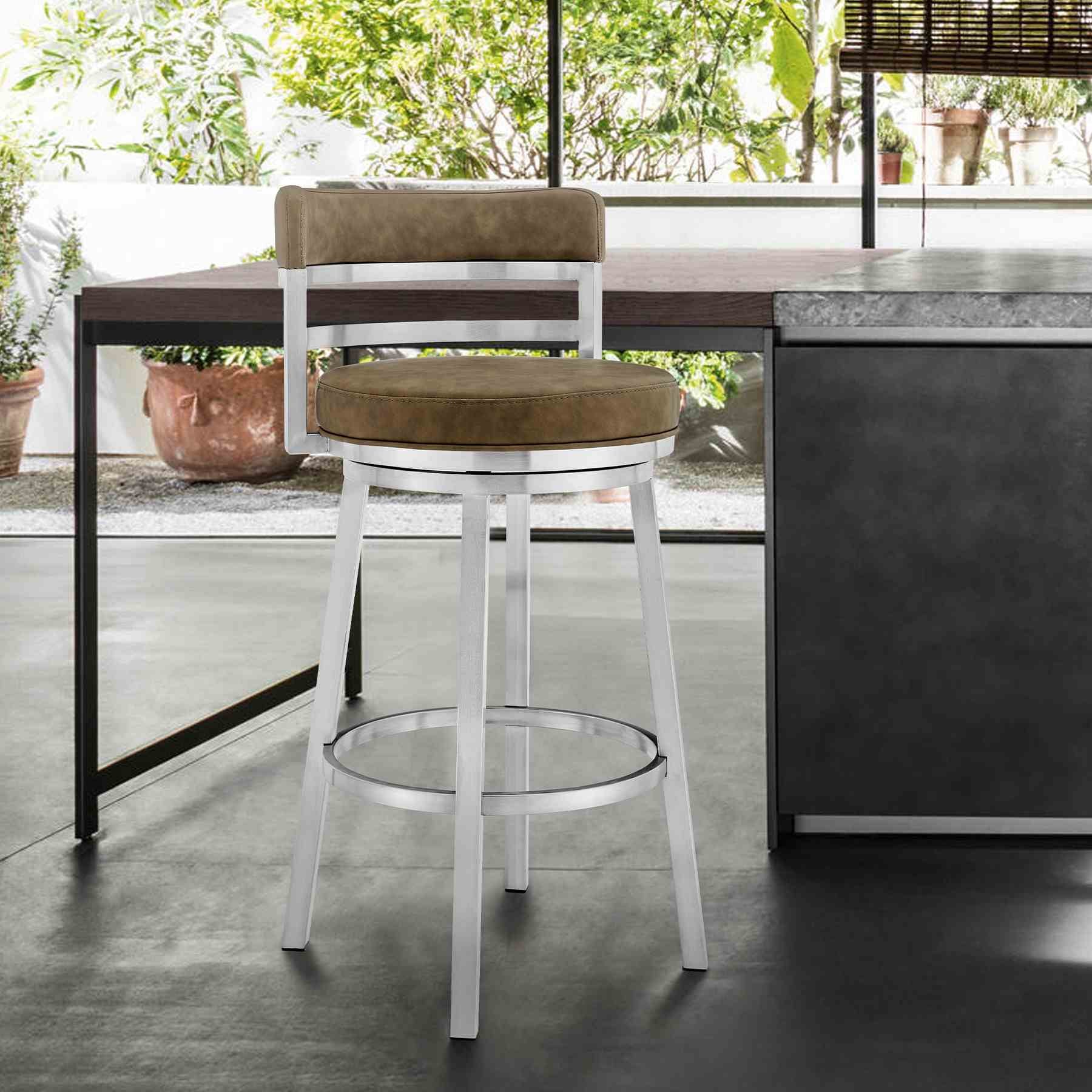 Madrid 30" Bar Height Swivel Green Faux leather and Brushed Stainless Steel Bar Stool - Image 7