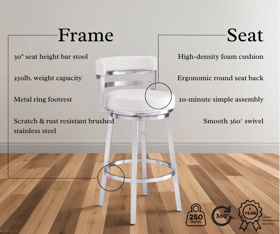 Madrid 30" Bar Height Swivel White Faux Leather and Brushed Stainless Steel Bar Stool - Image 8