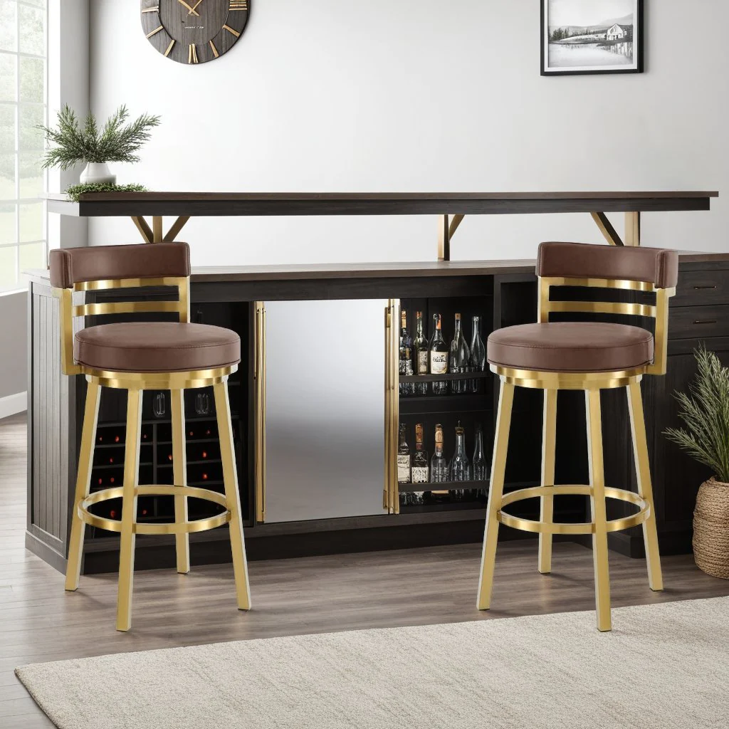 Madrid 30" Swivel Bar Stool in Gold Brushed Stainless Steel with Vintage Coffee Faux Leather - Image 10