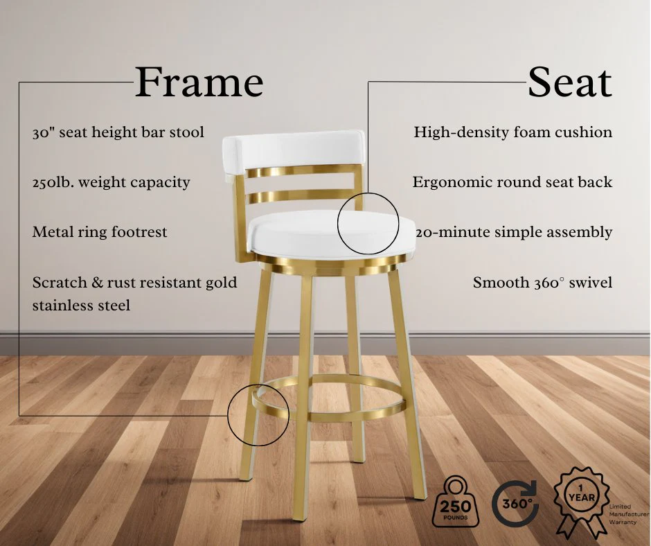 Madrid 30" Swivel Bar Stool in Gold Brushed Stainless Steel with White Faux Leather - Image 11