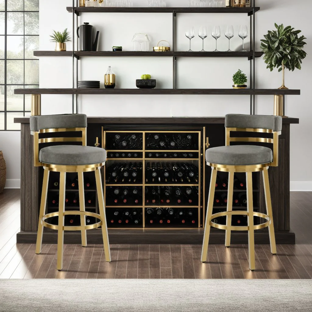 Madrid 30" Swivel Counter Stool with Gold Brushed Stainless Steel and Vintage Gray Faux Leather - Image 10