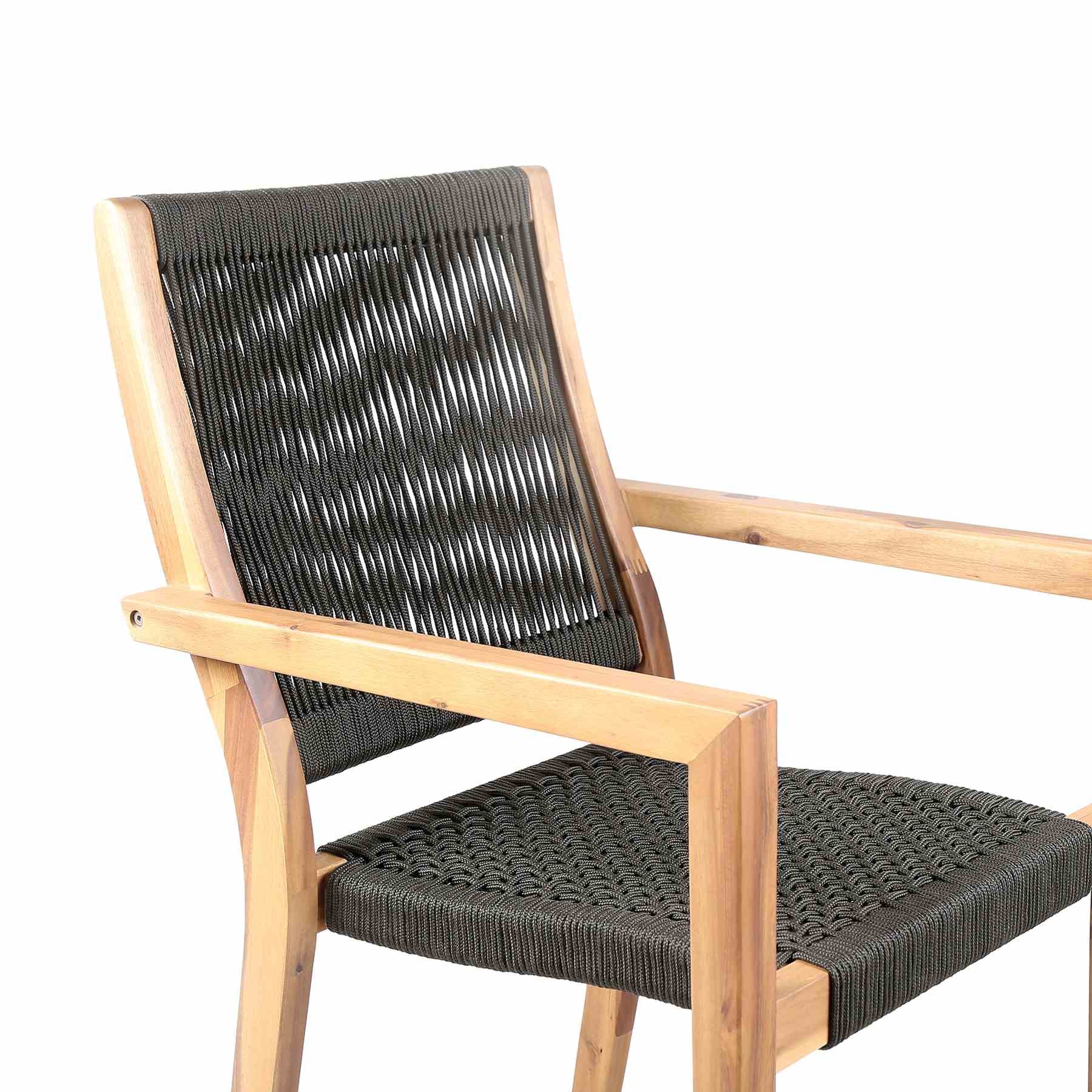 Madsen Outdoor Eucalyptus Wood and Charcoal Rope Dining Chairs with Teak Finish - Set of 2 - Image 5