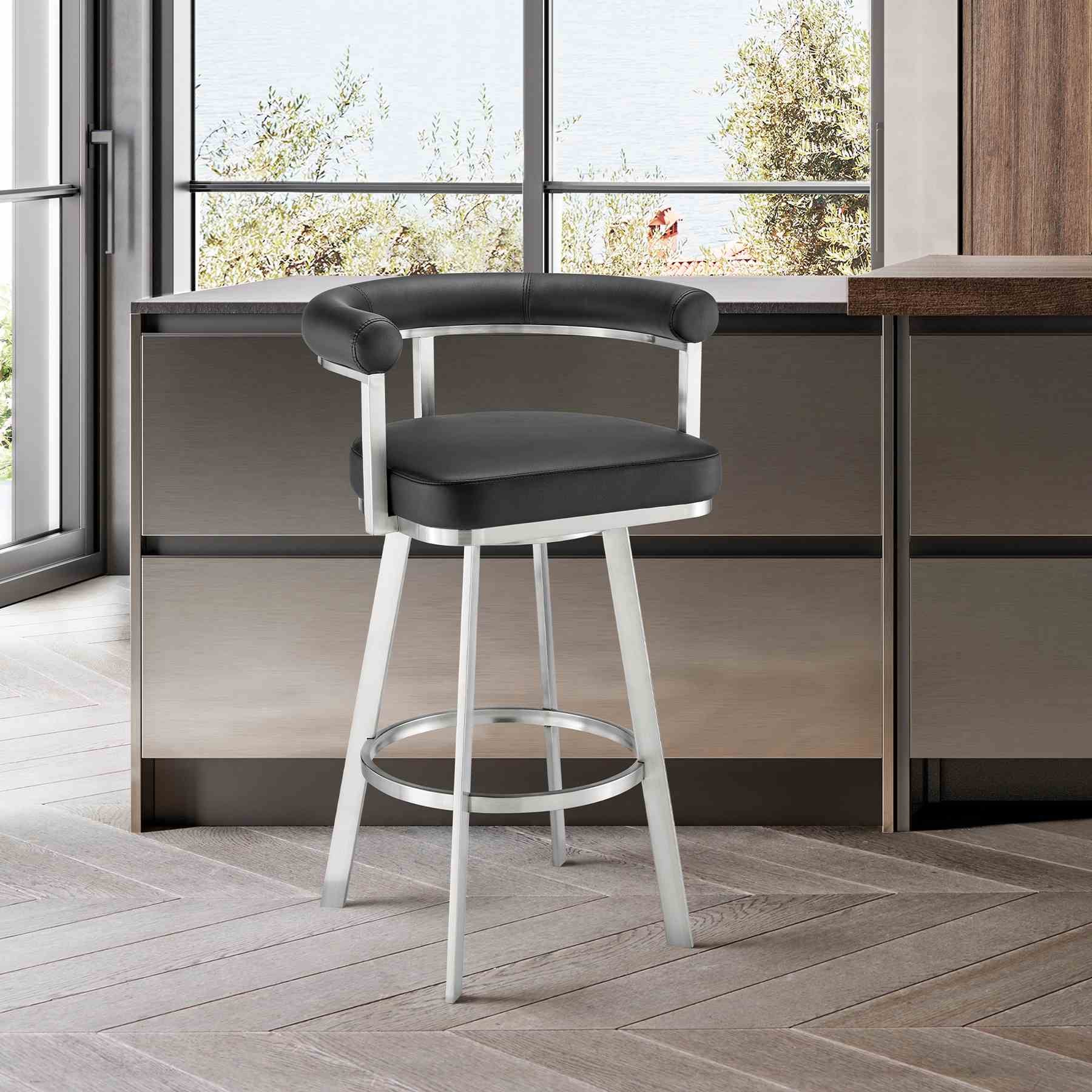 Magnolia 26" Swivel Counter Stool in Brushed Stainless Steel with Black Faux Leather - Image 9