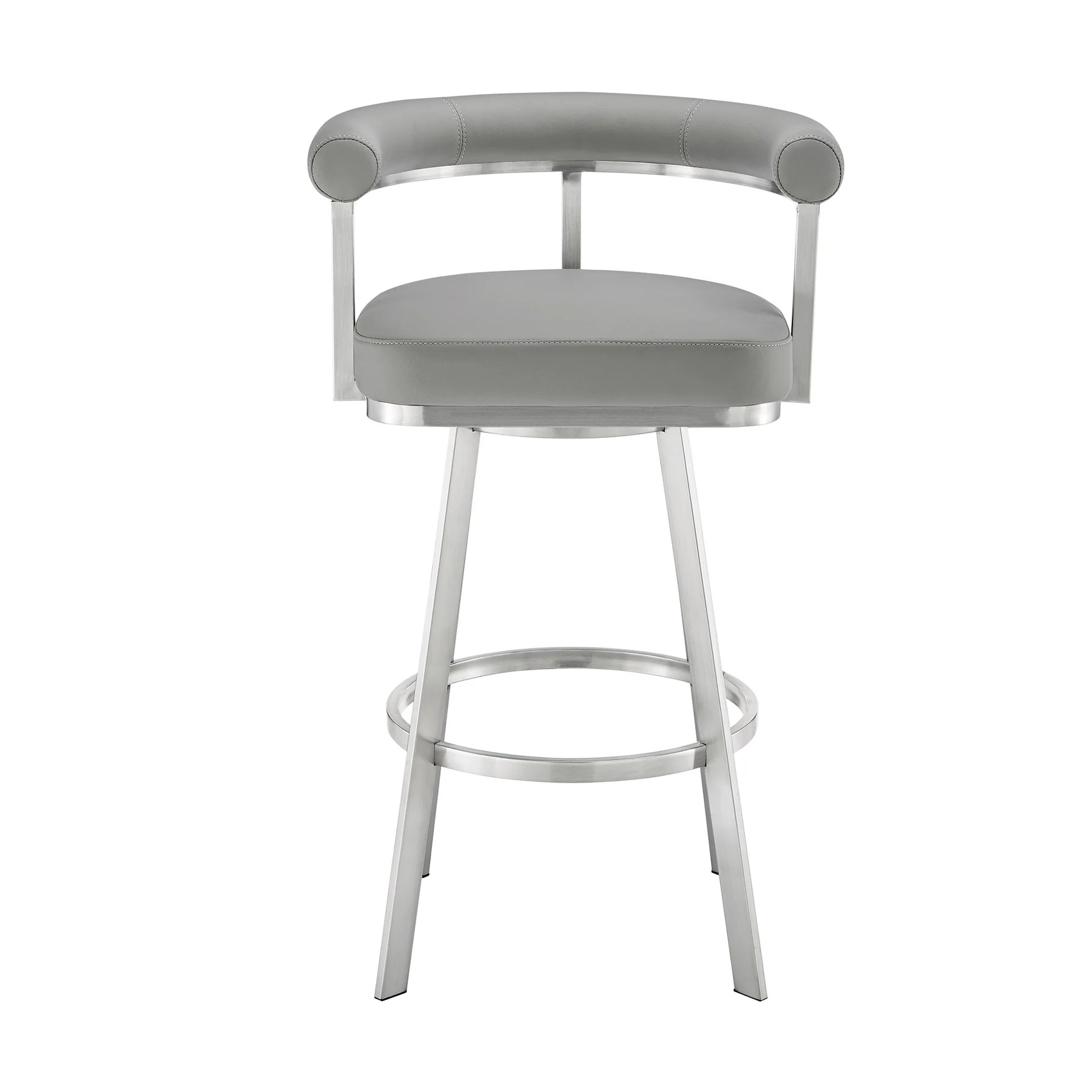 Magnolia 26" Swivel Counter Stool in Brushed Stainless Steel with Light Gray Faux Leather - Image 2