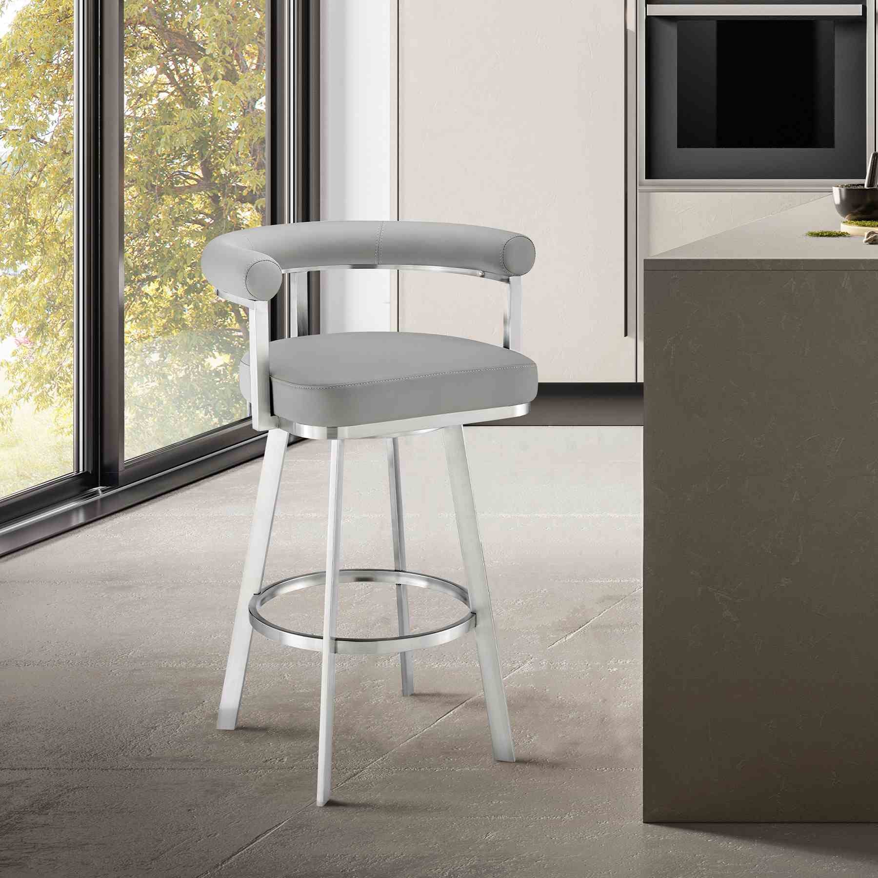 Magnolia 26" Swivel Counter Stool in Brushed Stainless Steel with Light Gray Faux Leather - Image 9