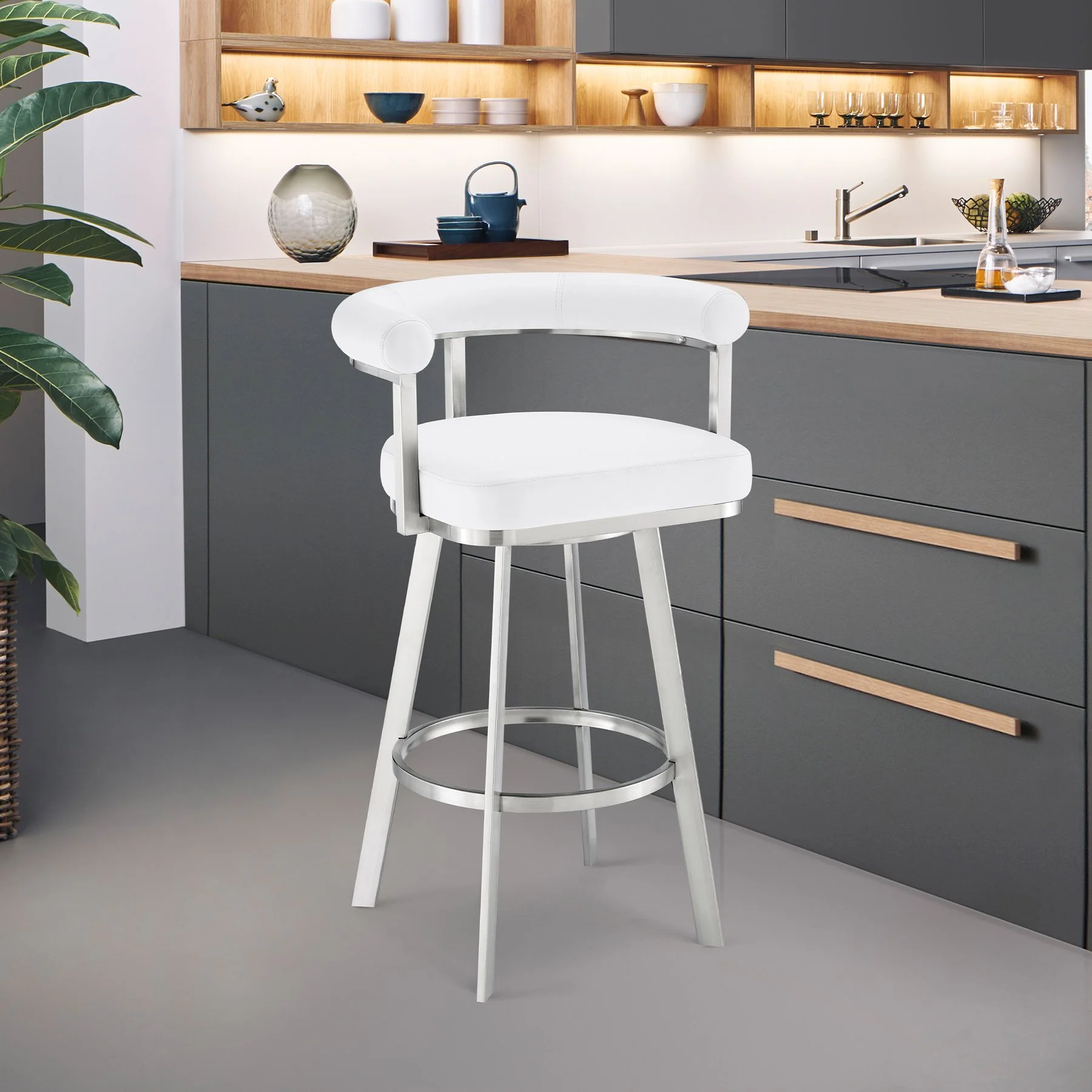 Magnolia 26" Swivel Counter Stool in Brushed Stainless Steel with White Faux Leather - Image 9