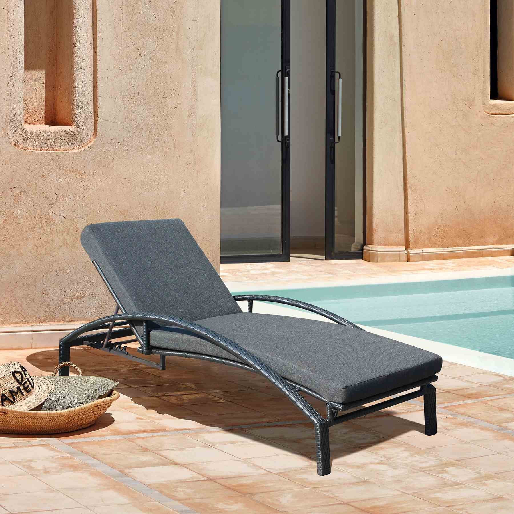 Mahana Adjustable Patio Outdoor Chaise Lounge Chair in Black Wicker with Charcoal Cushions - Image 9