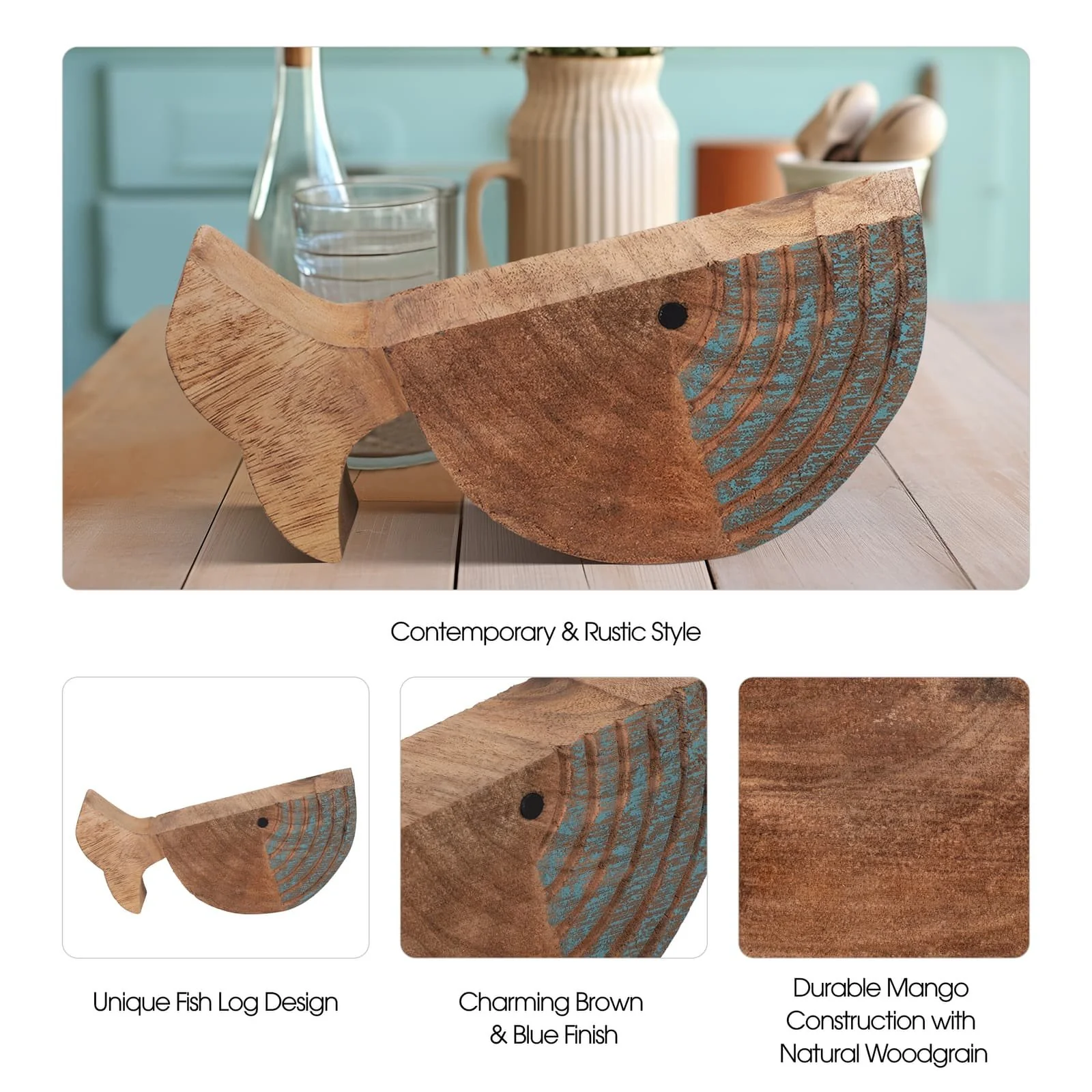 Mango Wood 10", Fish Log, Brown/blue - Image 9