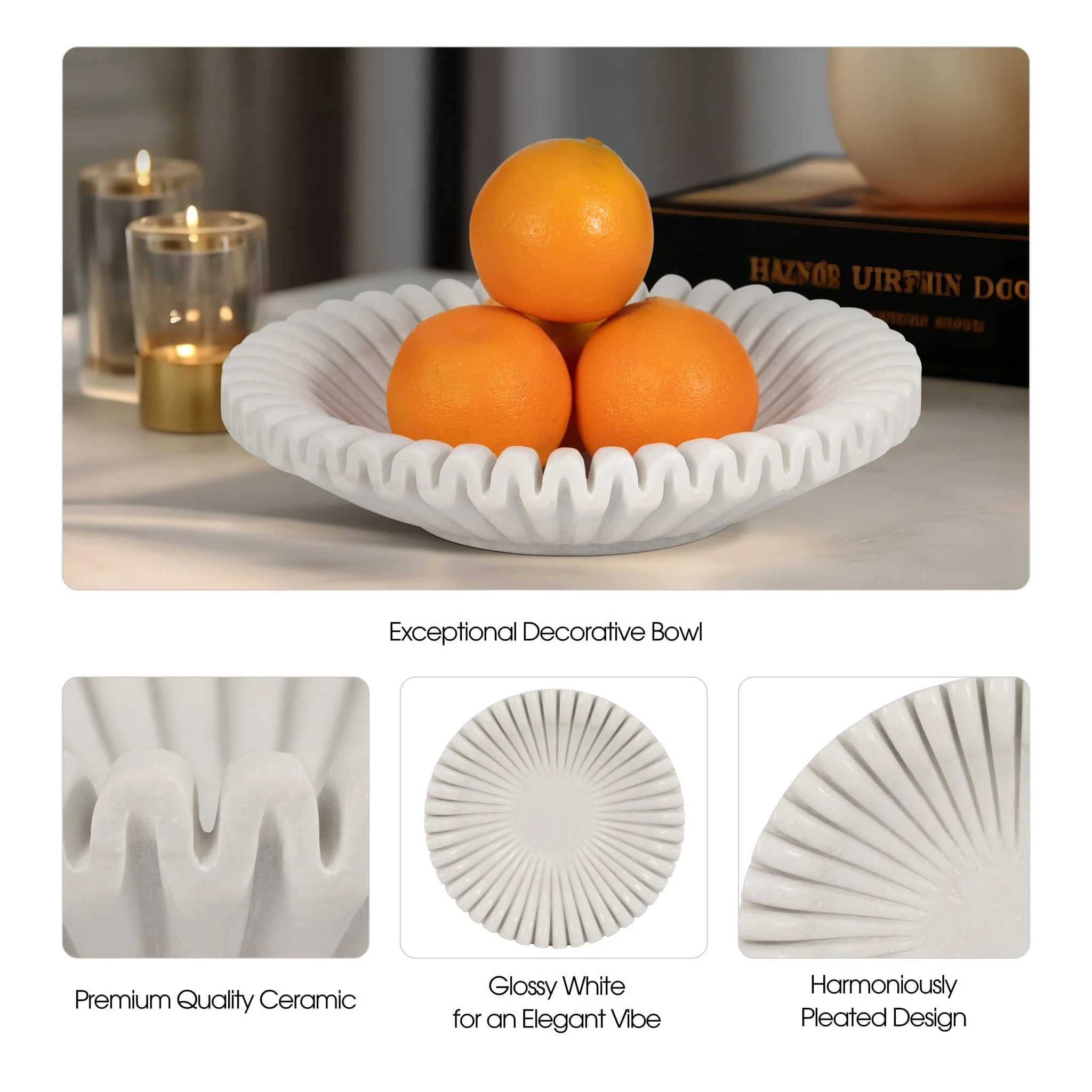 Marble, 12" Pleated Bowl, White - Image 8
