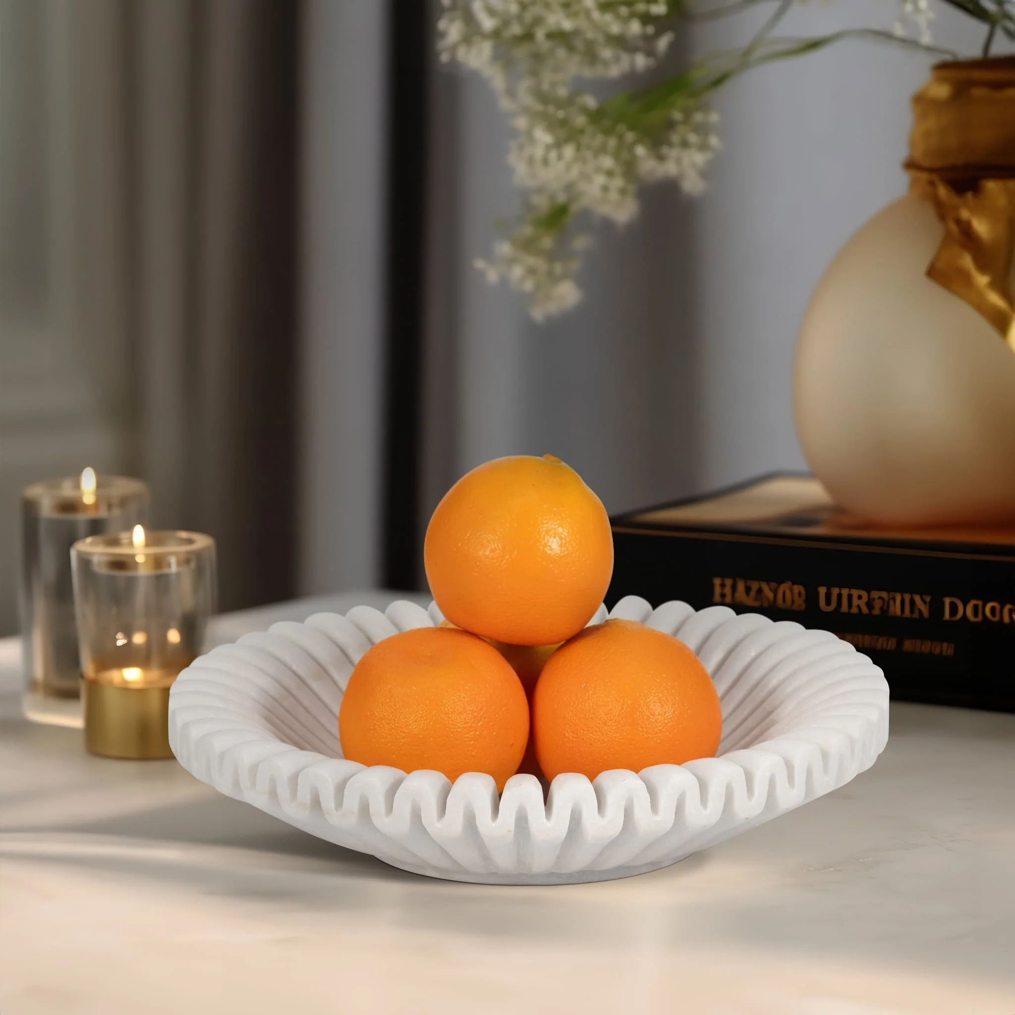 Marble, 12" Pleated Bowl, White - Image 9