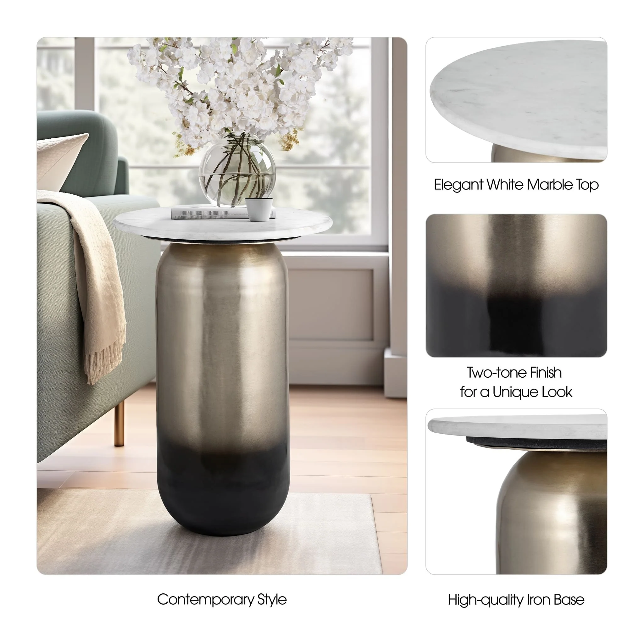Marble/metal, 16"dx23"h Side Table, Wht/gld - Image 7