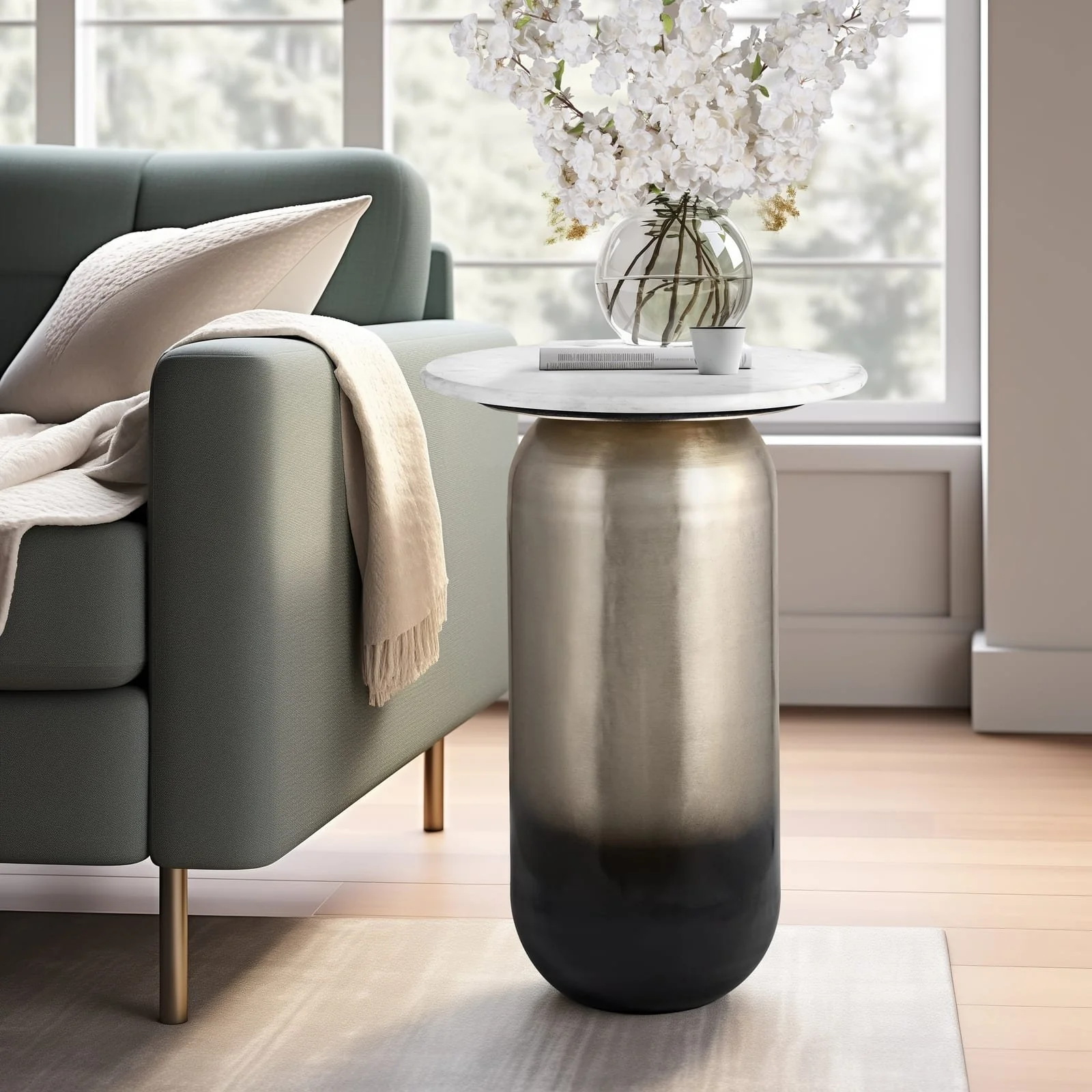 Marble/metal, 16"dx23"h Side Table, Wht/gld - Image 9