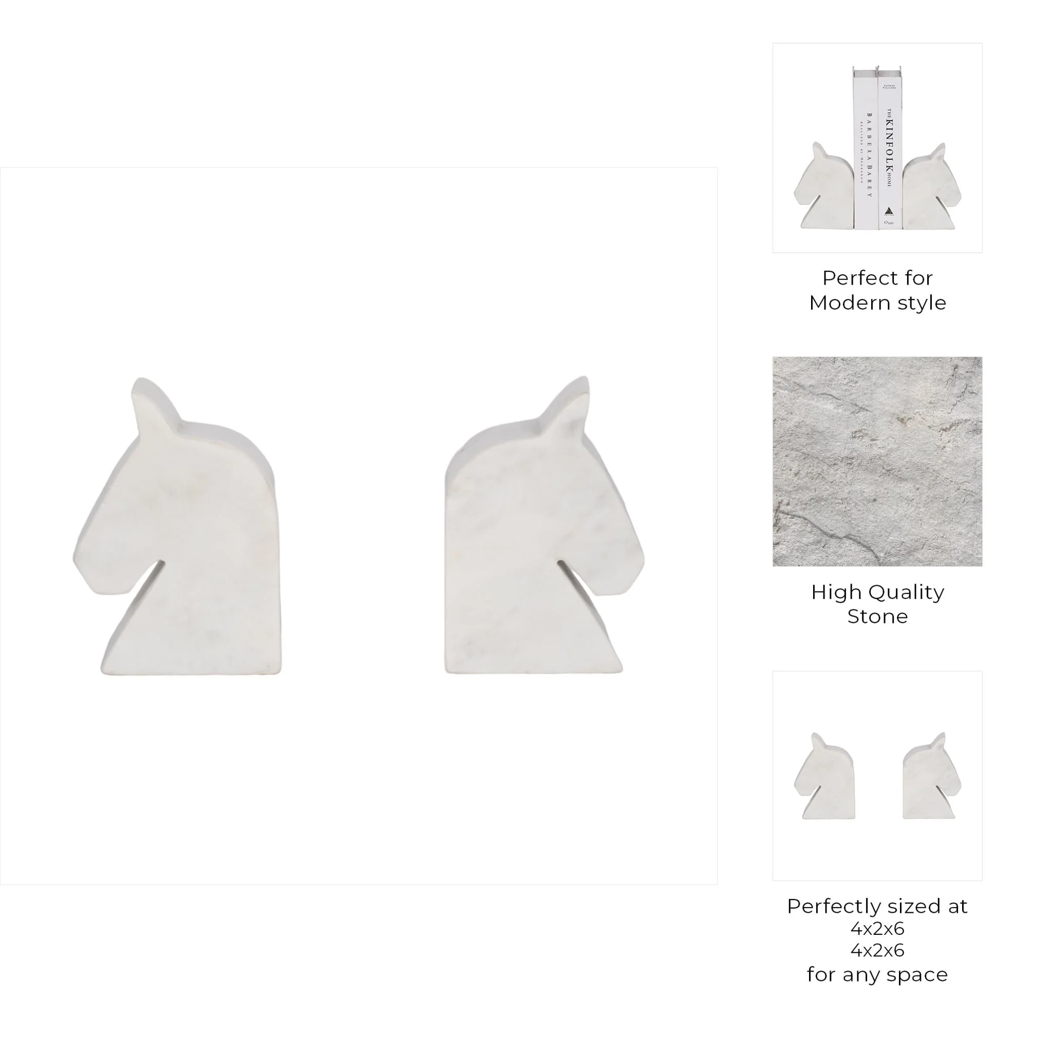 Marble, S/2 6" Horse Head Bookends, White - Image 8