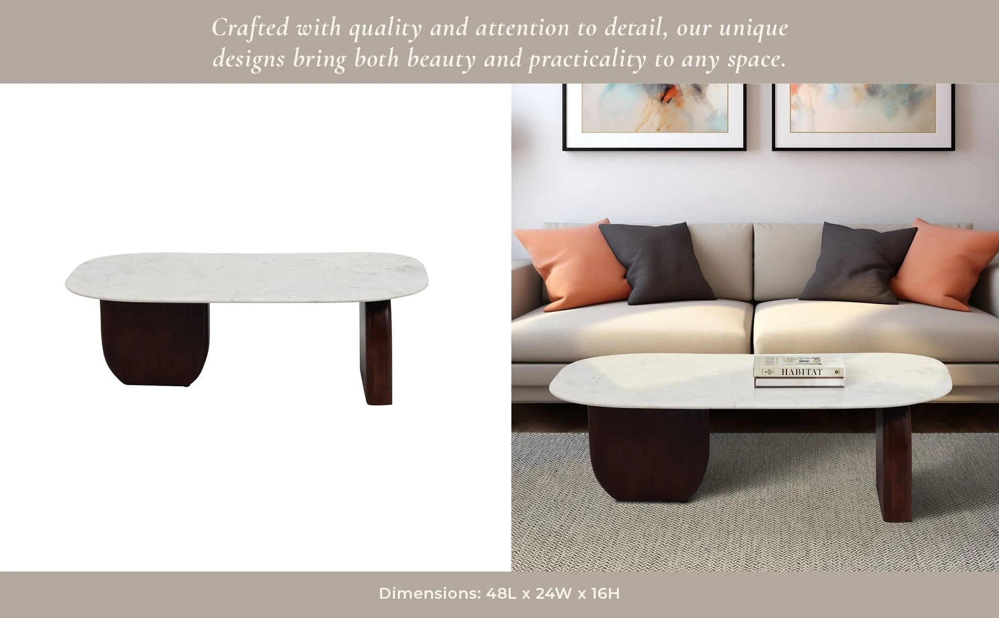 Marble/wood, 48"dx16"h Coffee Tbl, Wlnt/wht Kd - Image 10