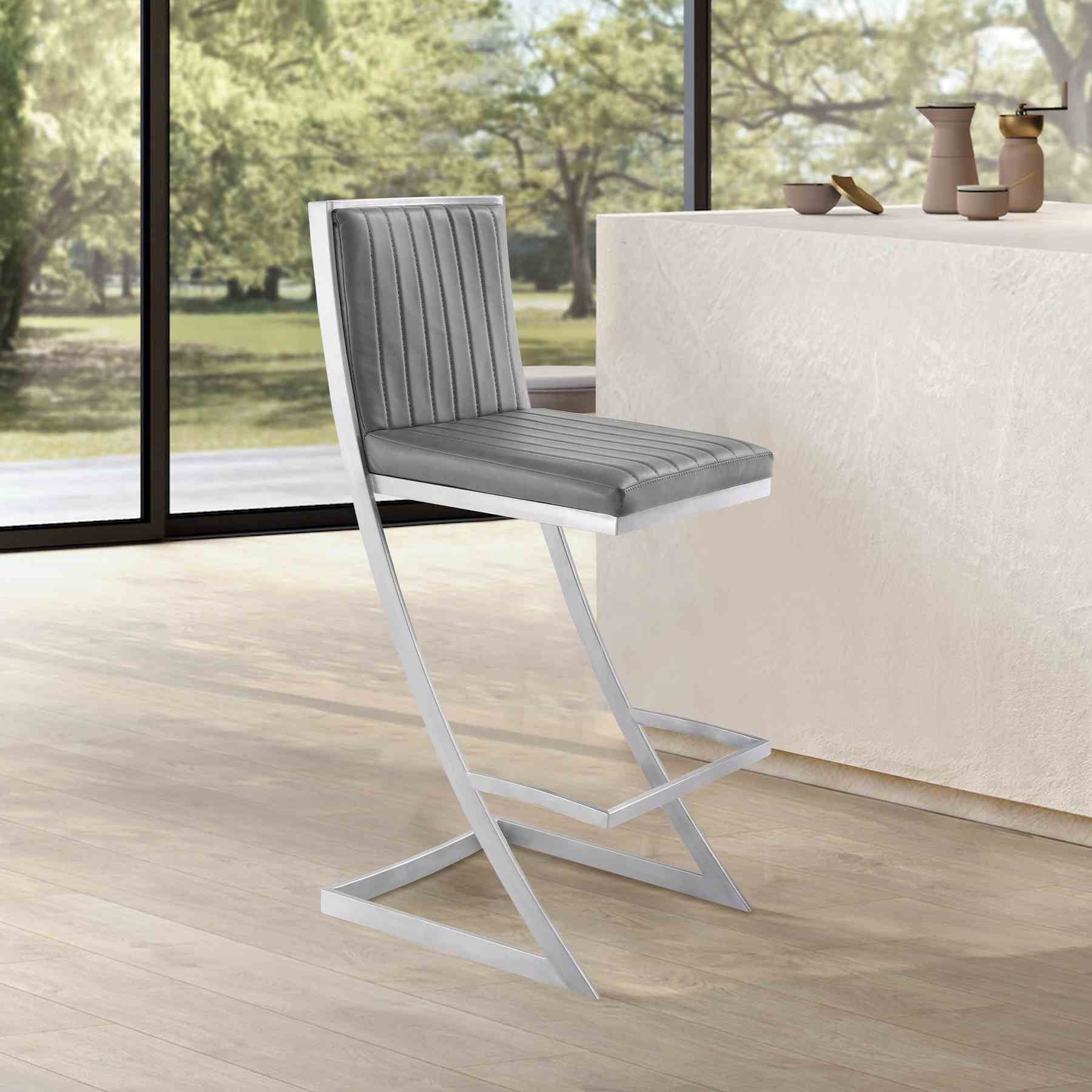Marc 26" Vintage Gray Faux Leather and Brushed Stainless Steel Bar Stool - Image 10