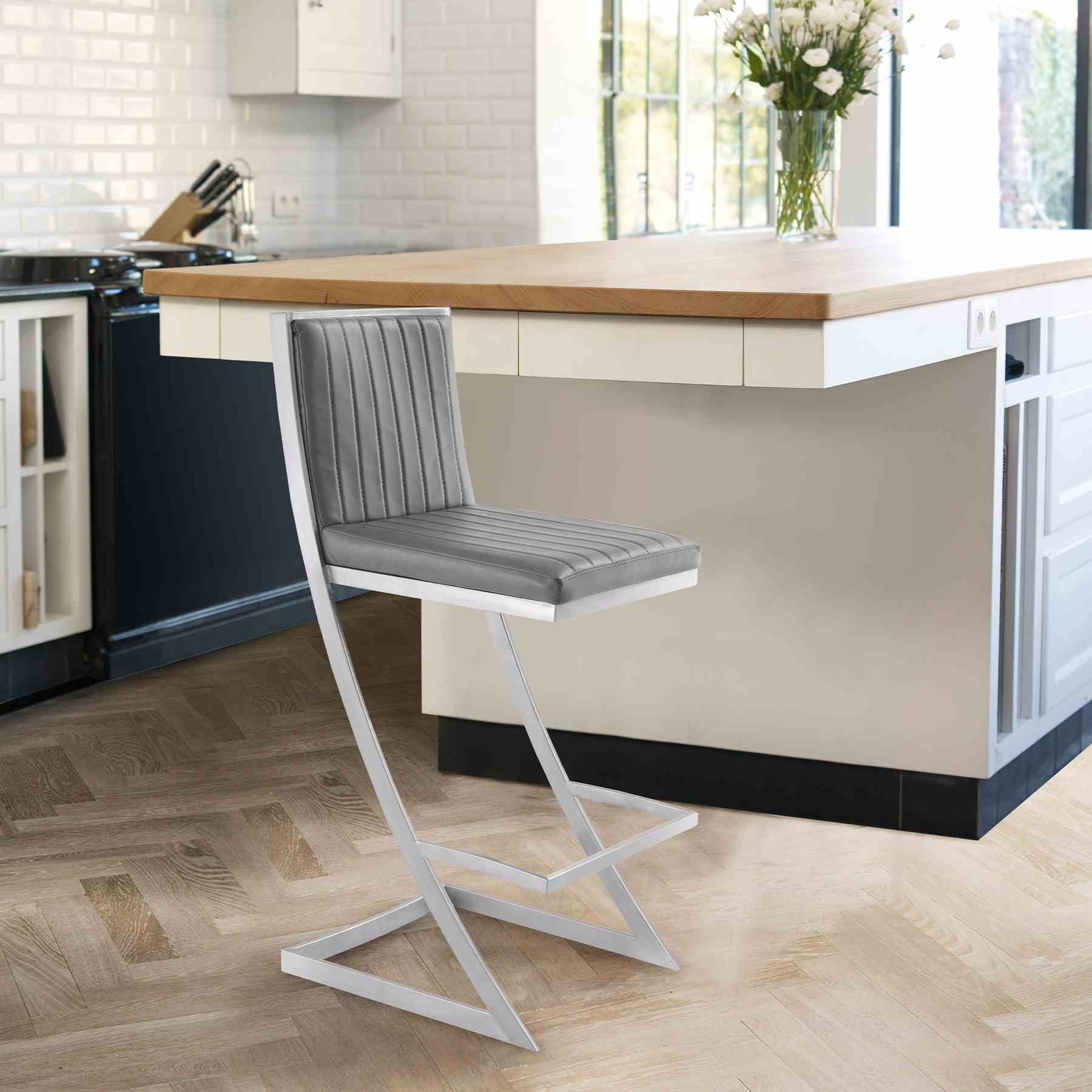 Marc 30" Vintage Gray Faux Leather and Brushed Stainless Steel Bar Stool - Image 9