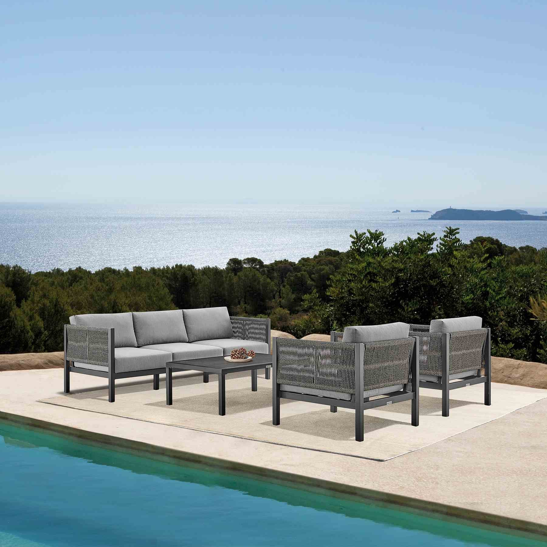 Mareike 4 Piece Outdoor Patio Furniture Set in Black Aluminum and Rope with Gray Cushions - Image 15