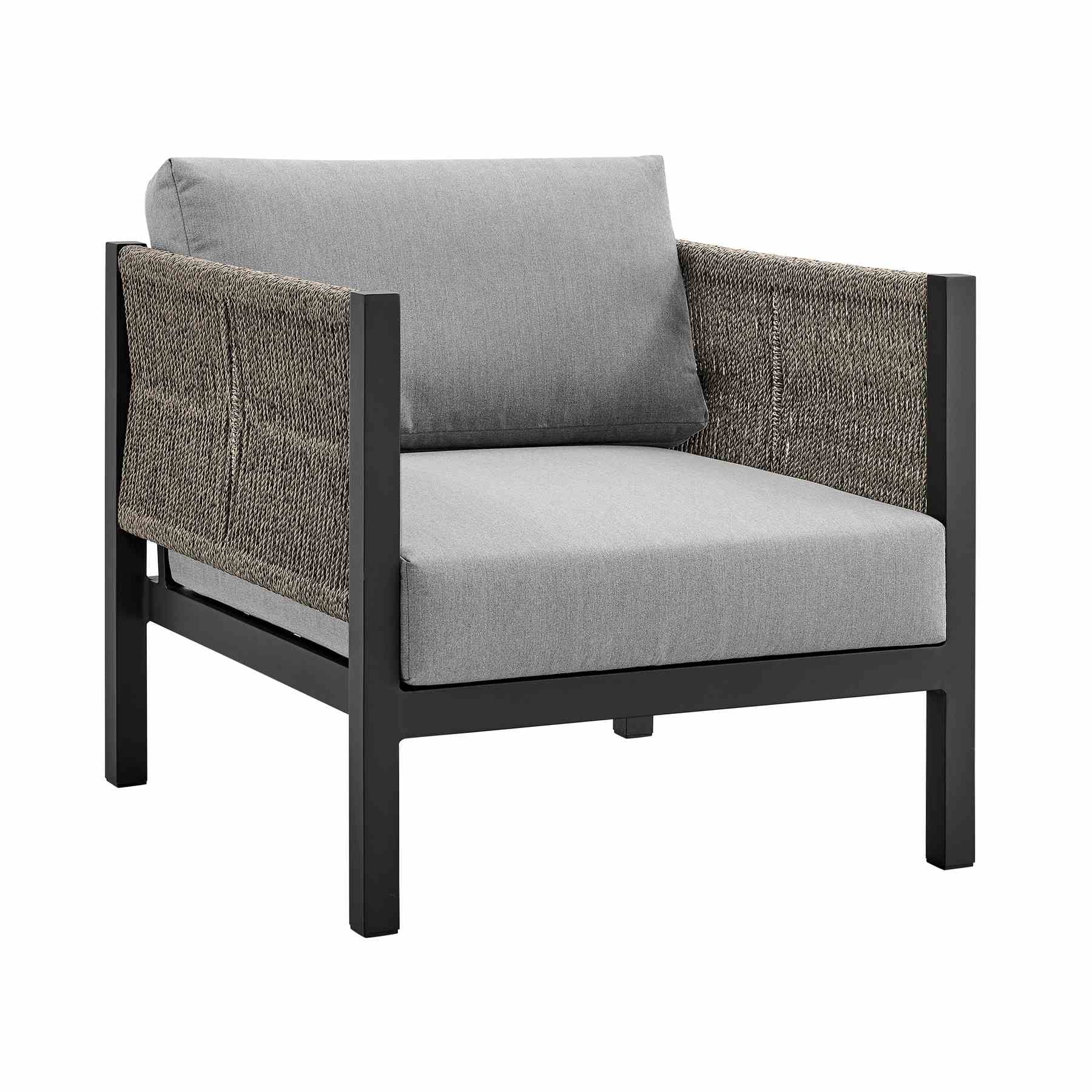 Mareike 4 Piece Outdoor Patio Furniture Set in Black Aluminum and Rope with Gray Cushions - Image 5