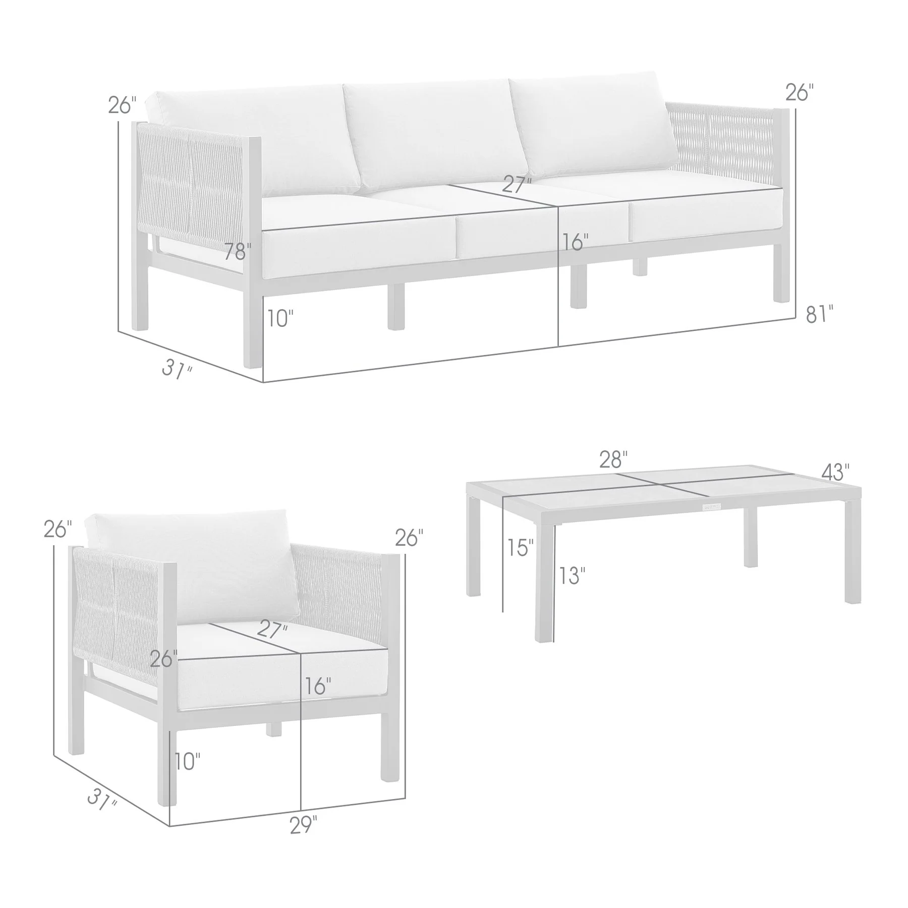 Mareike 4 Piece Outdoor Patio Furniture Set in Brown Aluminum and Rope with Cushions - Image 14