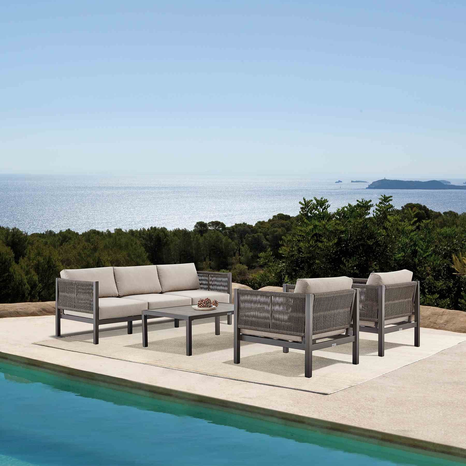 Mareike 4 Piece Outdoor Patio Furniture Set in Brown Aluminum and Rope with Cushions - Image 15