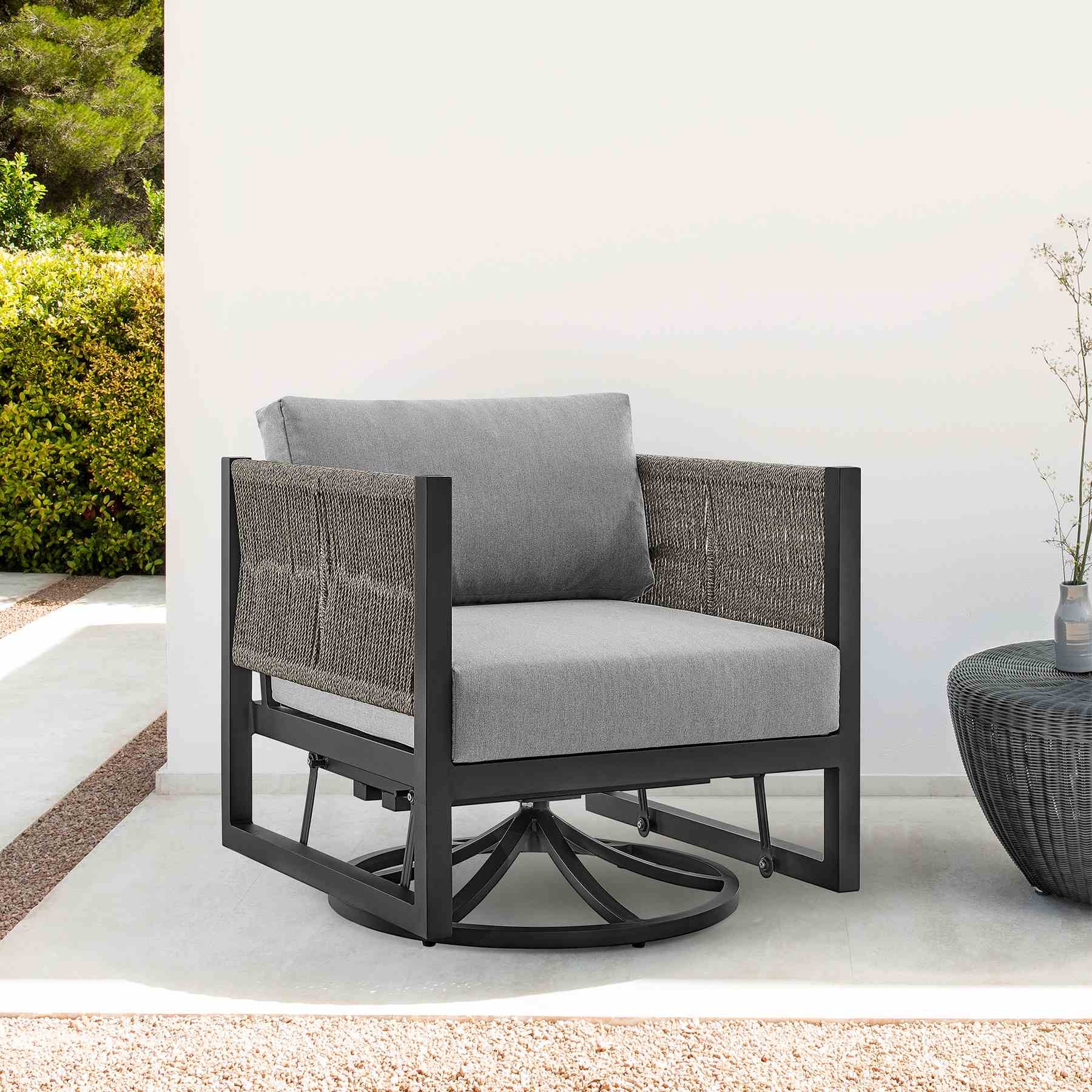 Mareike Outdoor Patio Swivel Glider Lounge Chair in Black Aluminum with Gray Cushions - Image 10