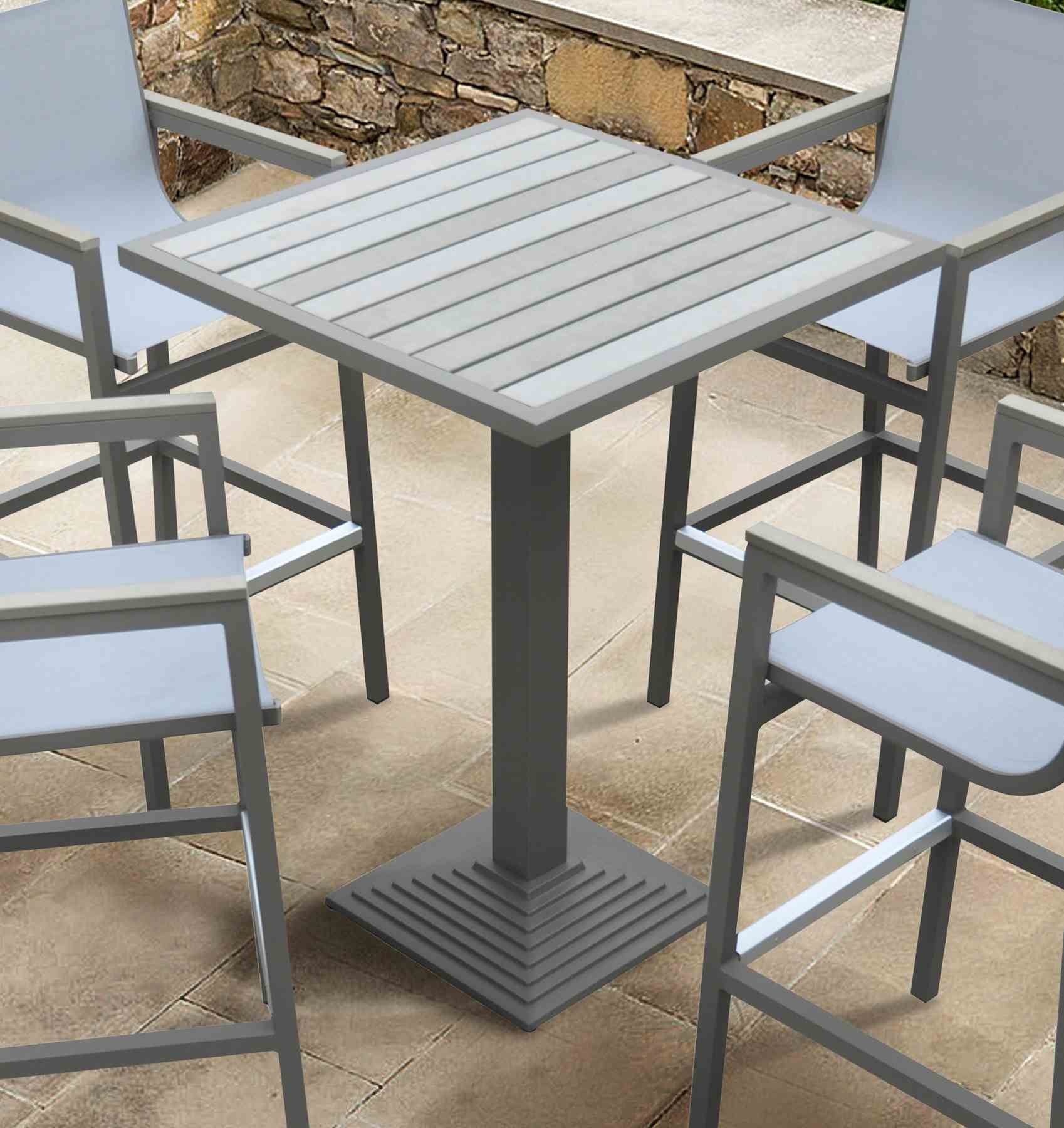 Marina Outdoor Gray Patio Bar Table in Gray Powder Coated Finish and Gray Wood Top - Image 5