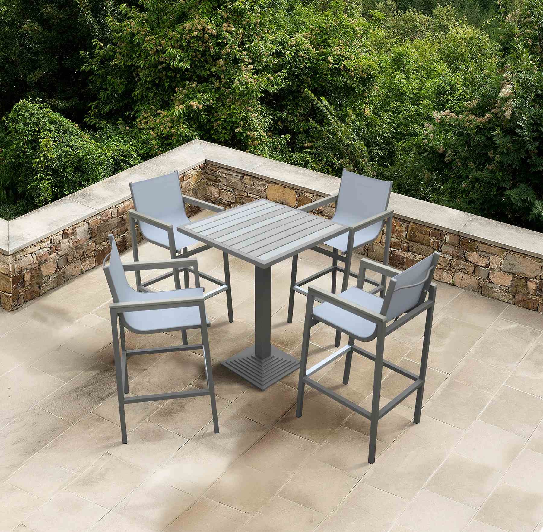 Marina Outdoor Gray Patio Bar Table in Gray Powder Coated Finish and Gray Wood Top - Image 6