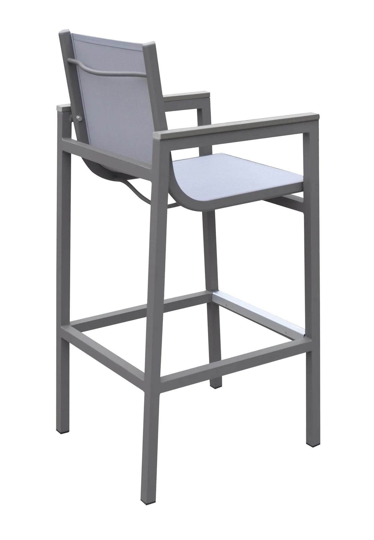 Marina Outdoor Patio Barstool in Gray Powder Coated Finish with Gray Sling Textilene and Gray Wood Accent Arms - Image 3