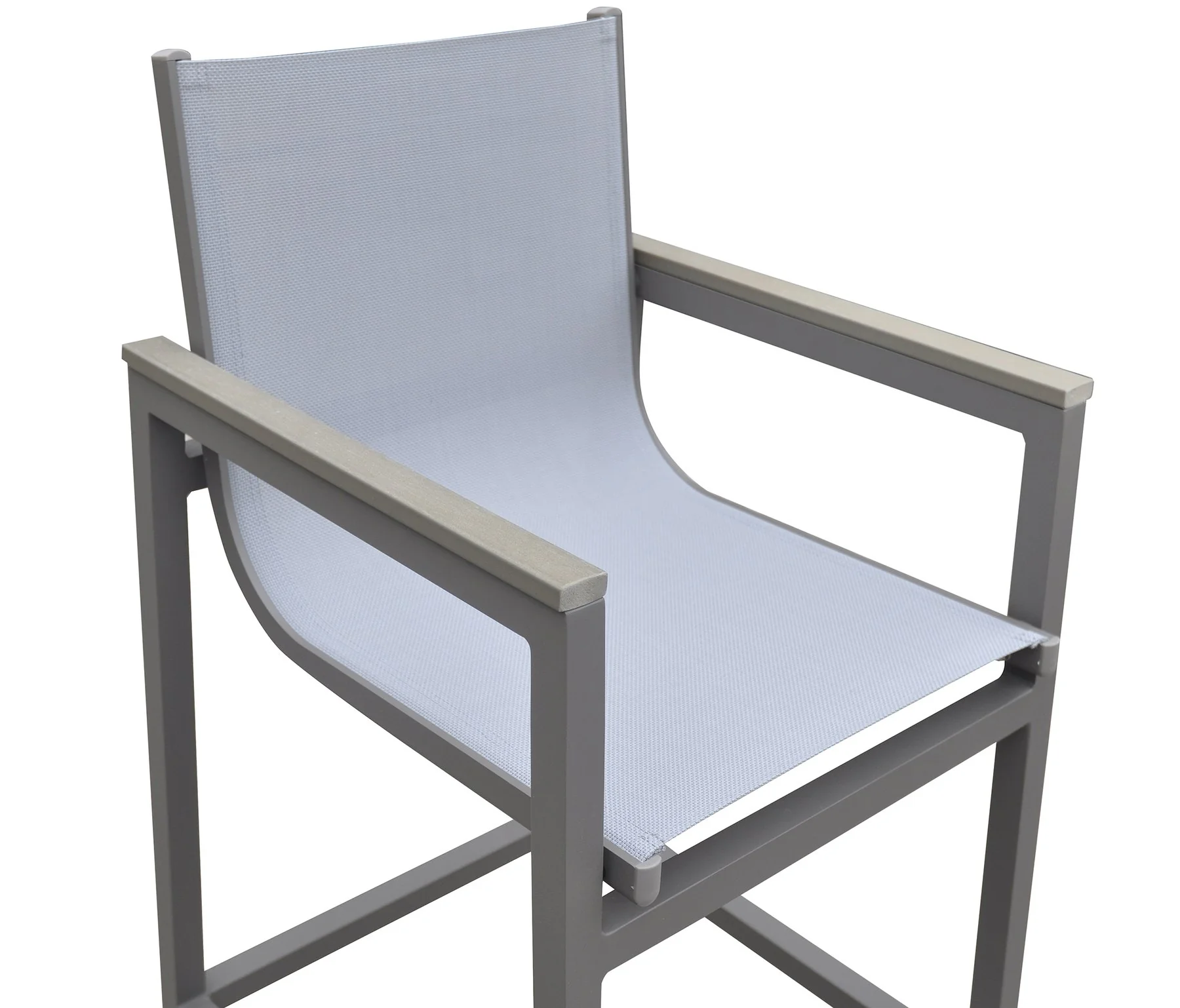 Marina Outdoor Patio Barstool in Gray Powder Coated Finish with Gray Sling Textilene and Gray Wood Accent Arms - Image 4
