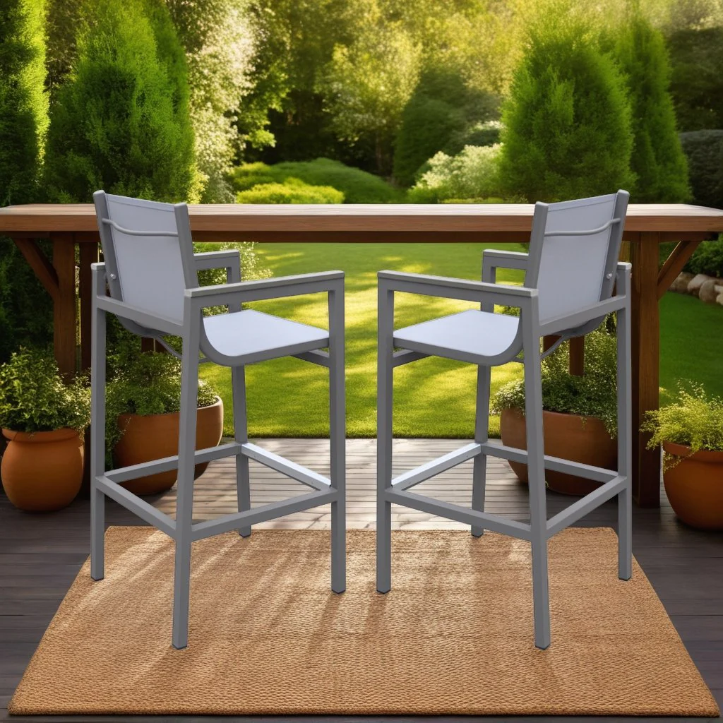 Marina Outdoor Patio Barstool in Gray Powder Coated Finish with Gray Sling Textilene and Gray Wood Accent Arms - Image 6