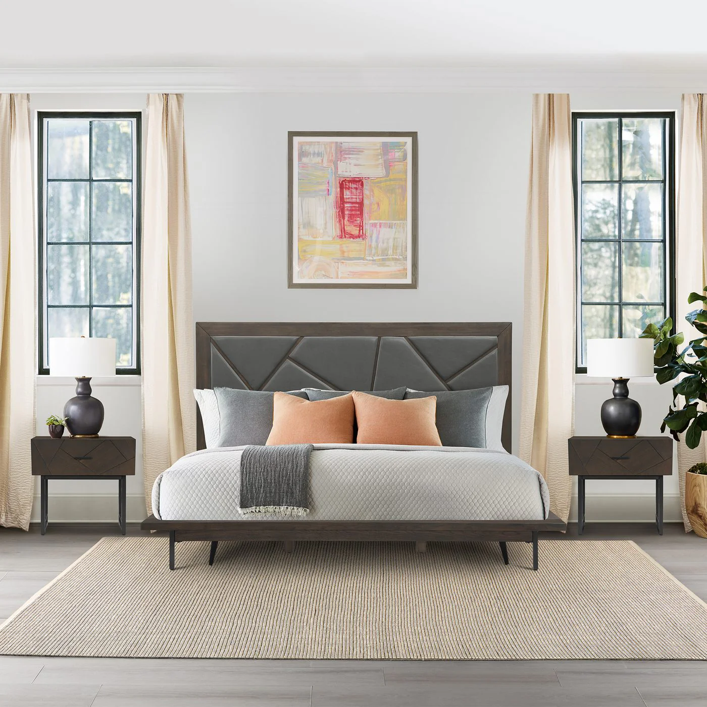 Marquis 3 Piece King Size Platform Bed Frame Bedroom Set in Oak Wood with Faux Leather Headboard - Image 12