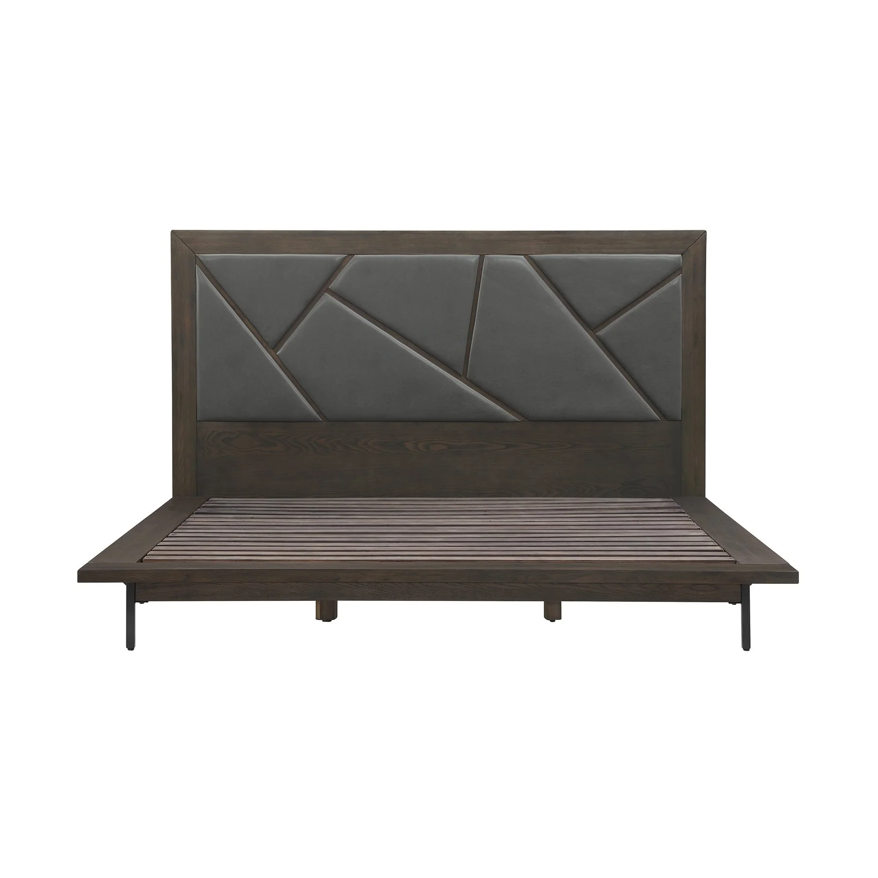 Marquis 3 Piece King Size Platform Bed Frame Bedroom Set in Oak Wood with Faux Leather Headboard - Image 2